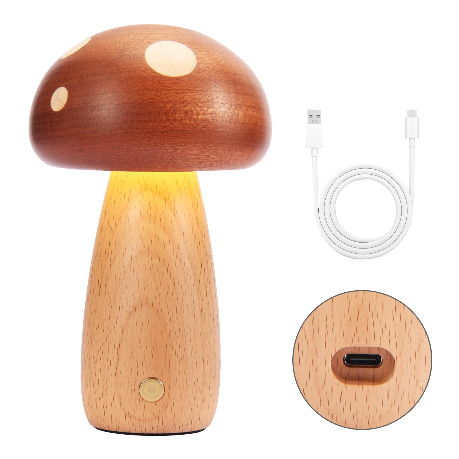 Luce Notturna a Fungo in Legno, Ricaricabile USB