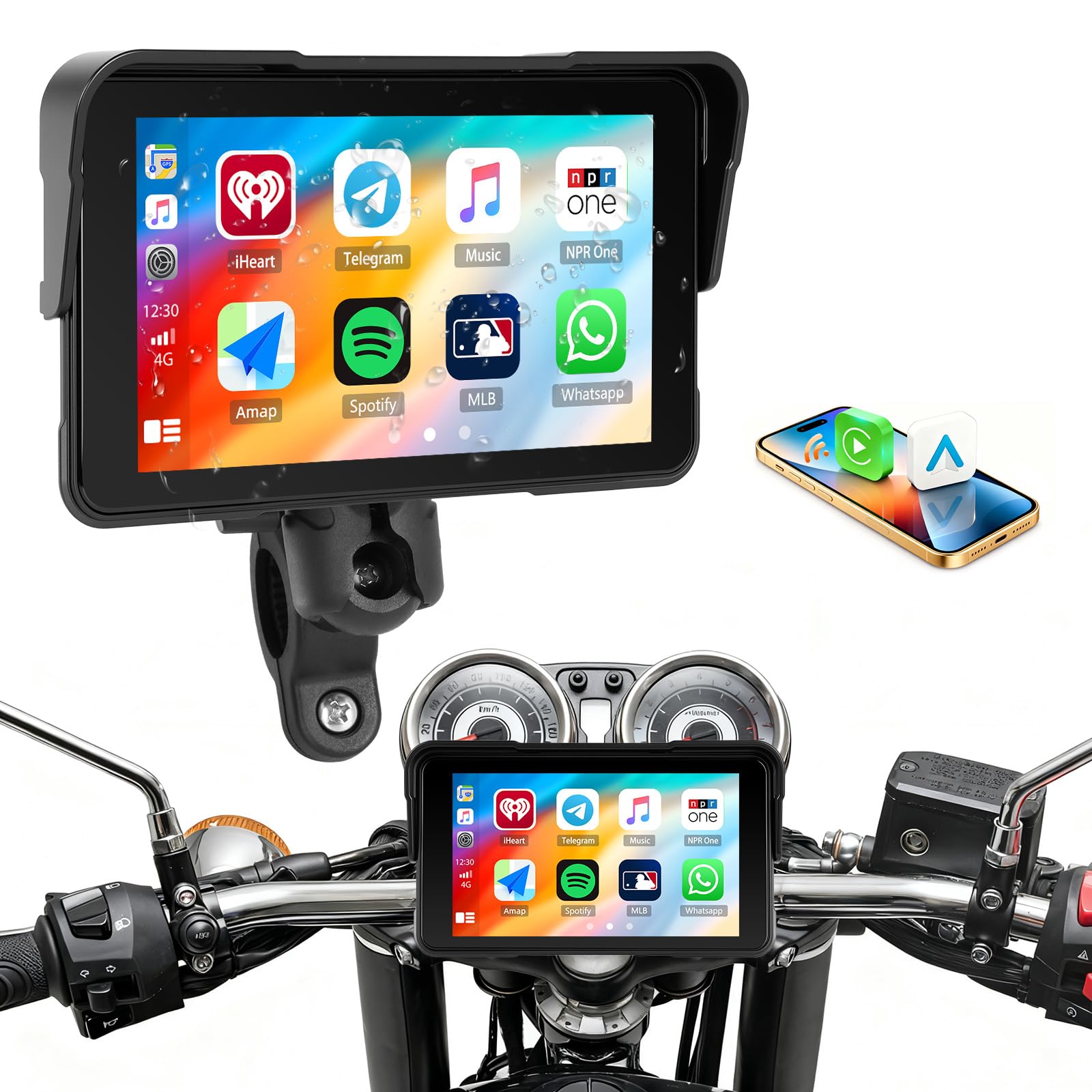 Camecho Wireless Carplay Moto Schermo IP68 5 pollici