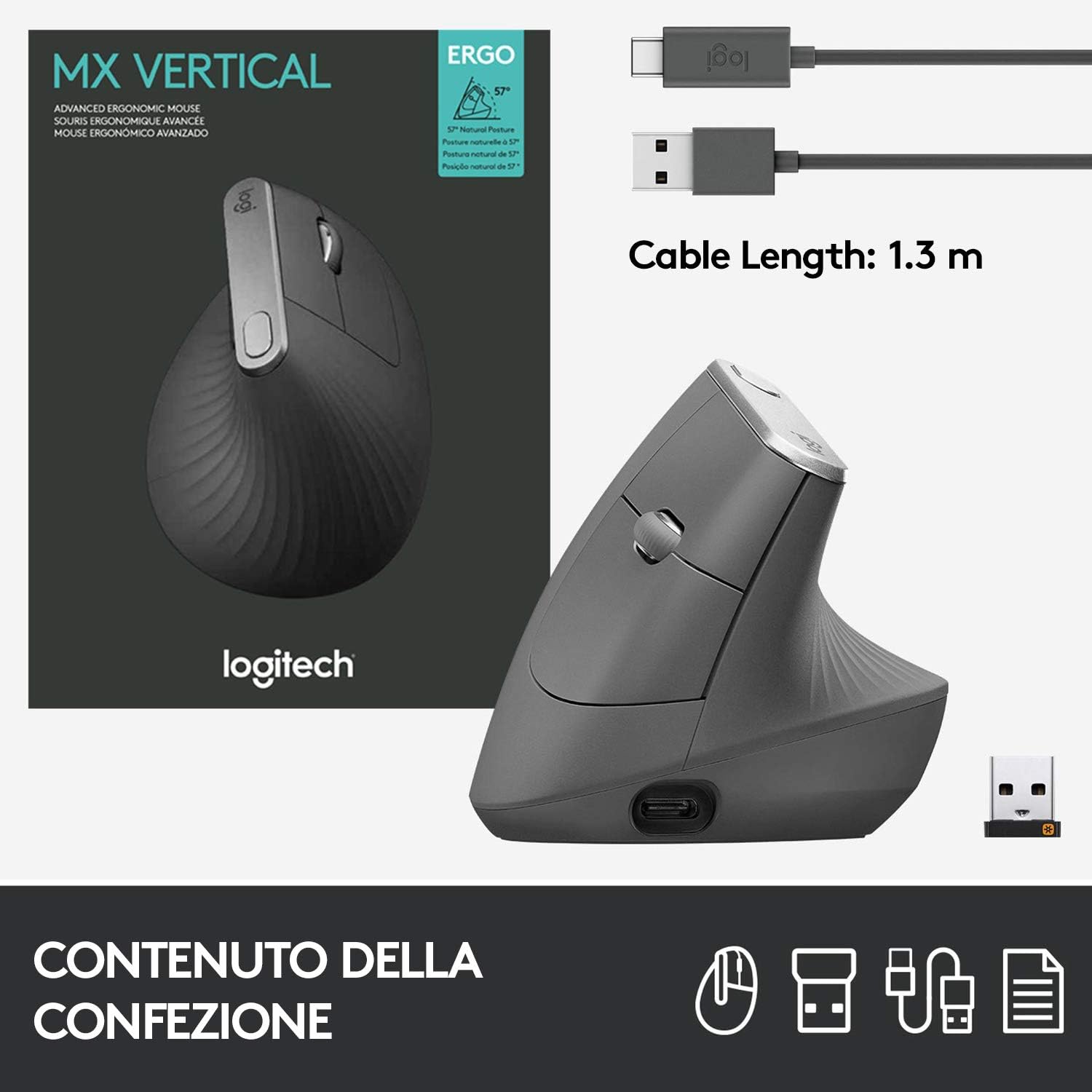 Logitech MX Verticale Mouse Wireless Ergonomico, Grigio - immagine 11