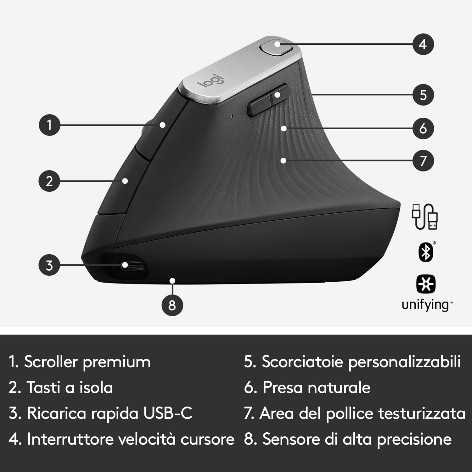 Logitech MX Verticale Mouse Wireless Ergonomico, Grigio - immagine 8