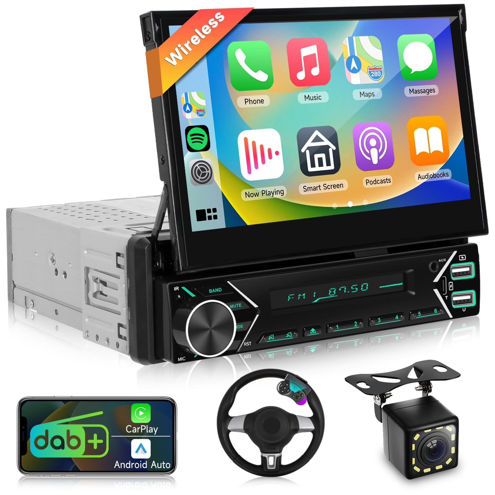 Autoradio 1 DIN DAB+ con Wireless CarPlay Android Auto