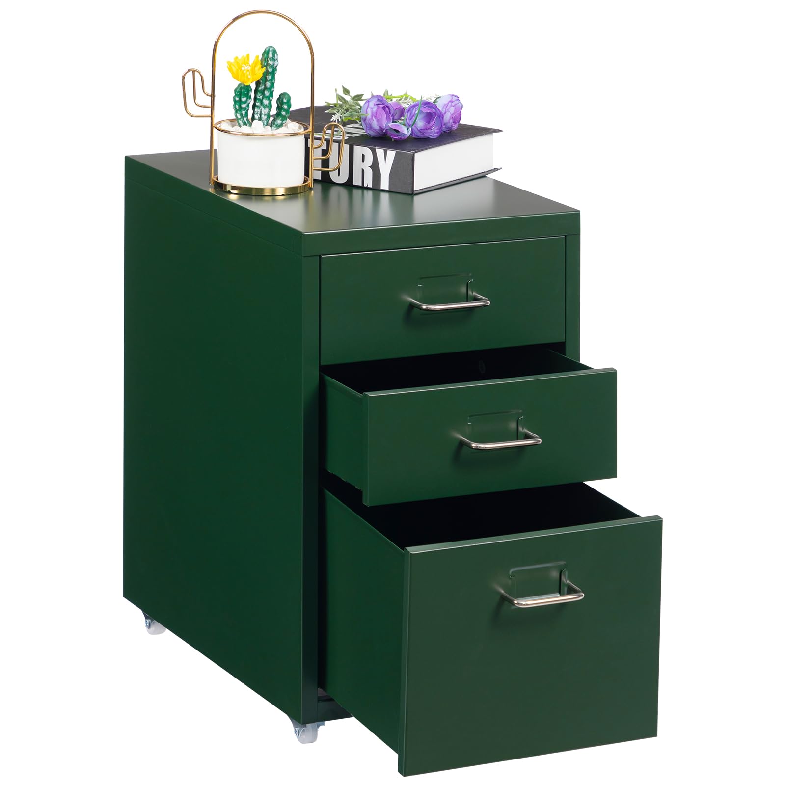 Hollyhome Armadietto Mobile 3 Cassetti con Rotelle, Verde Scuro