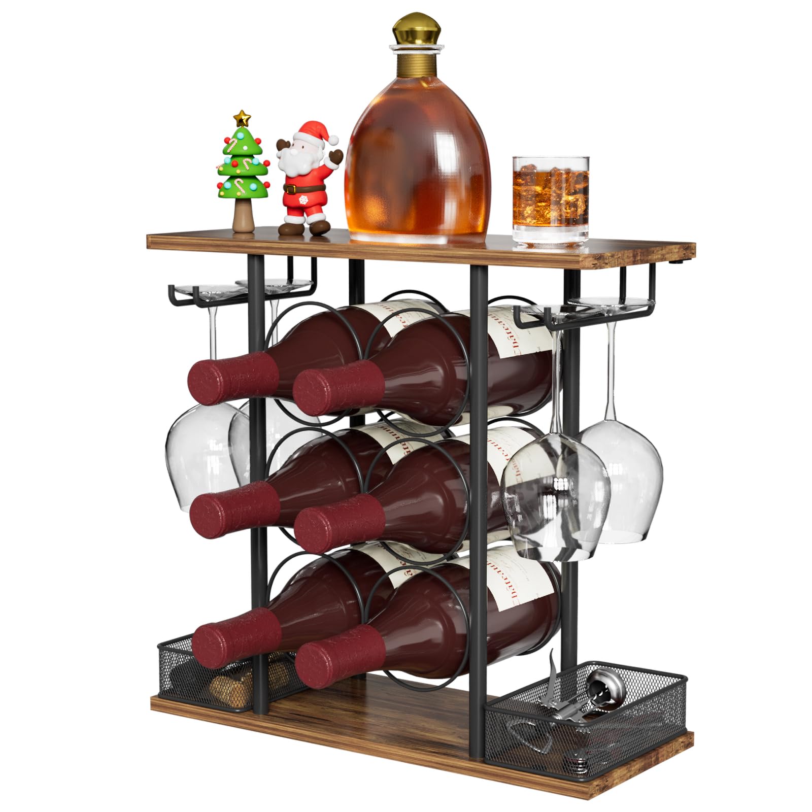 Portabottiglie da Tavolo in Legno per 6 Bottiglie e 4 Bicchieri, Nero