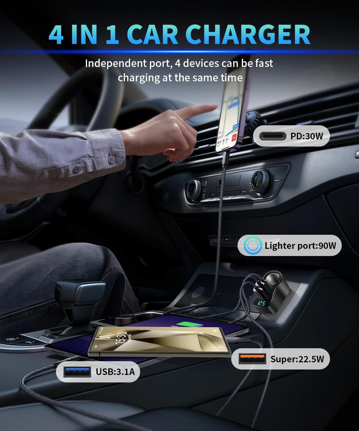 Caricabatteria Auto 106W 4-in-1 con Accendisigari USB-C - immagine 3