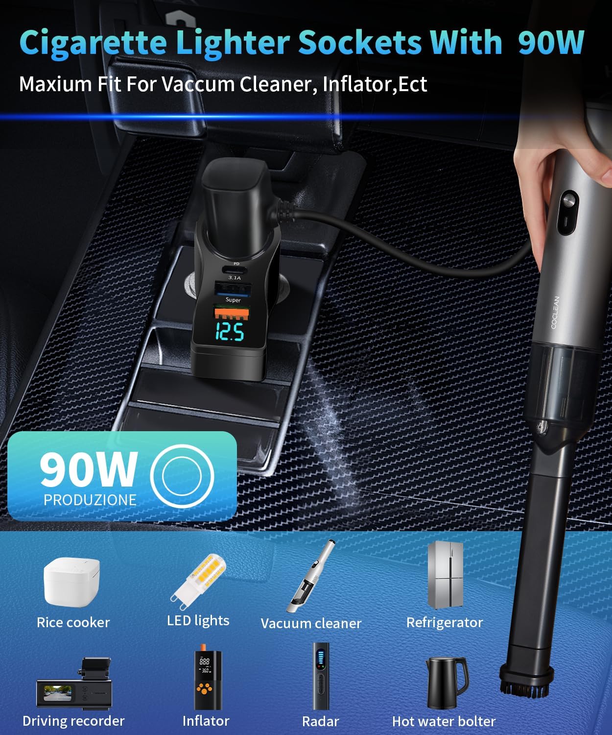 Caricabatteria Auto 106W 4-in-1 con Accendisigari USB-C - immagine 5