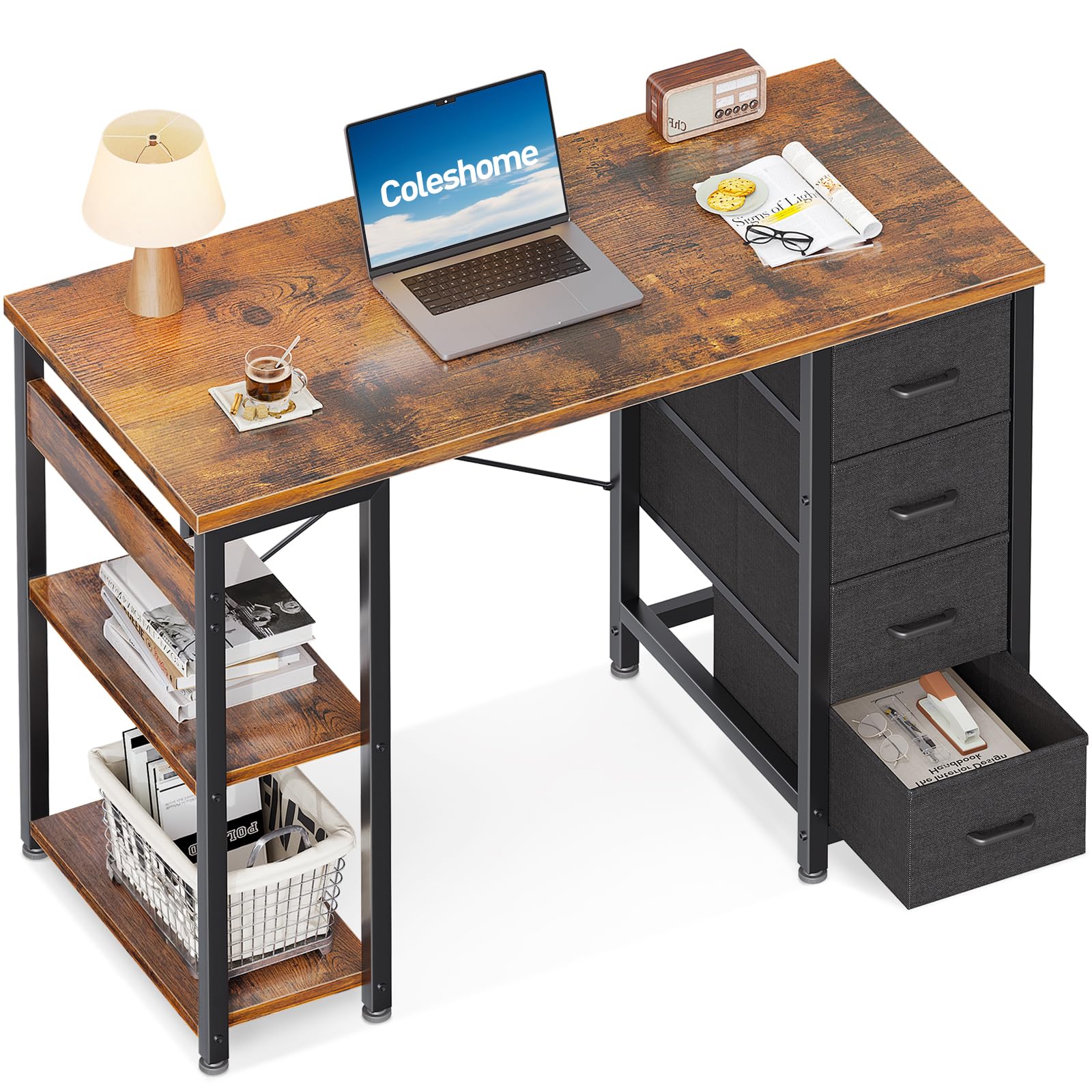 Coleshome Piccola Scrivania 100x40cm con 4 Cassetti, Marrone