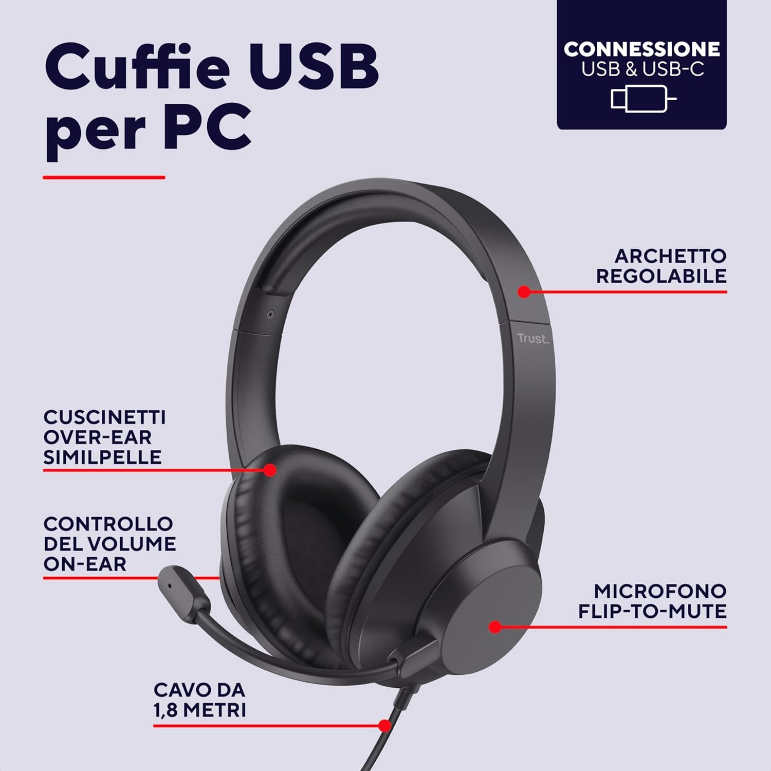 Trust Roha II Max - Cuffie USB Over-Ear, Nero - immagine 2