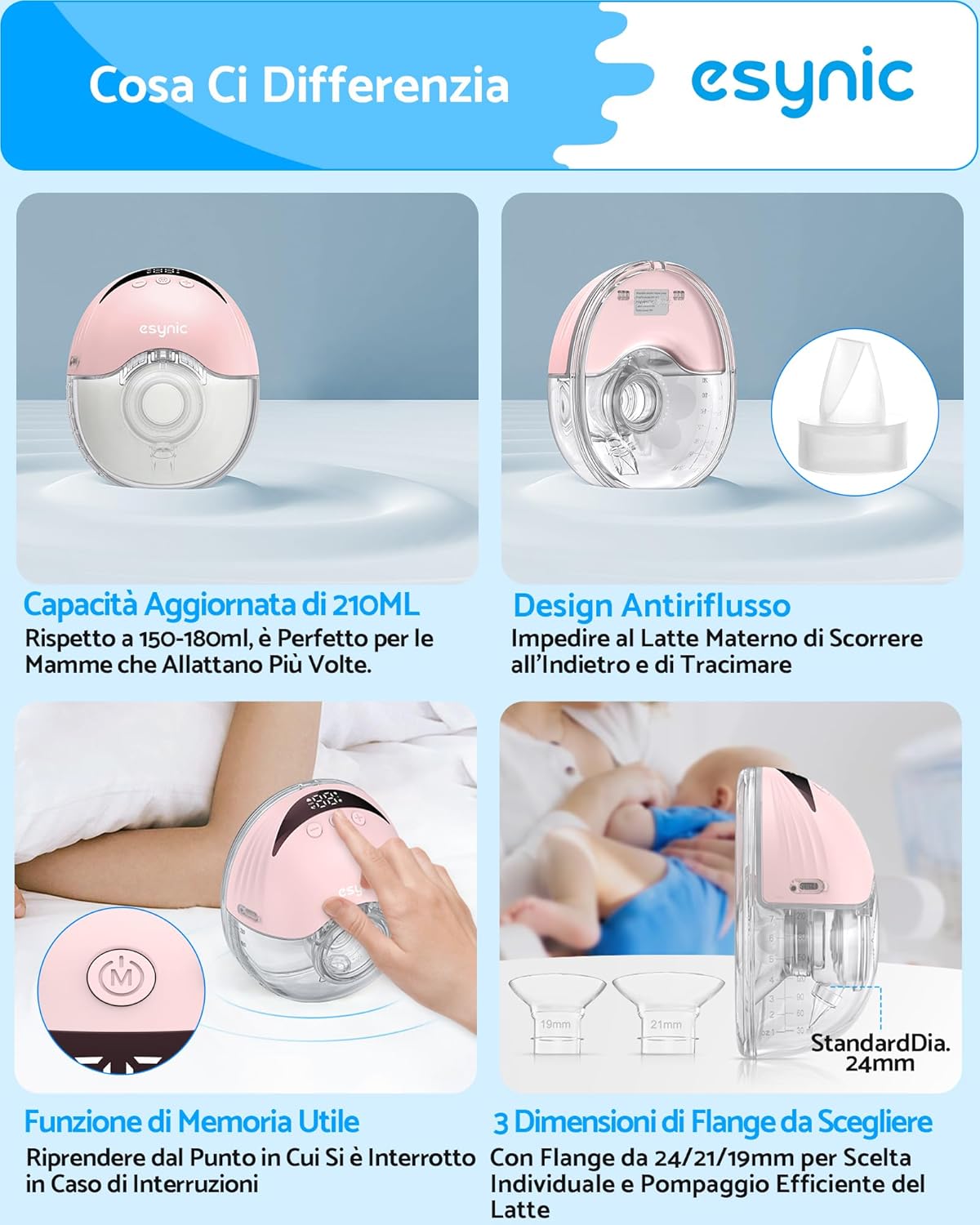 Esynic 2PZ Tiralatte Elettrico Indossabile 210ML, Rosa - immagine 3