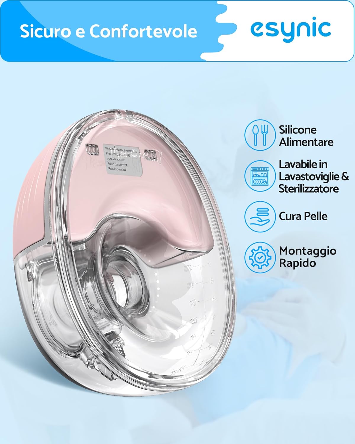 Esynic 2PZ Tiralatte Elettrico Indossabile 210ML, Rosa - immagine 5