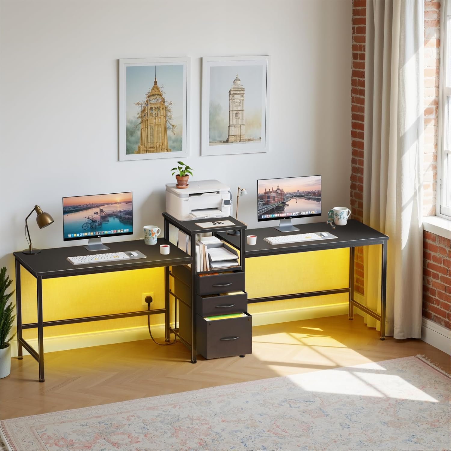 Scrivania Doppia 236cm con Stazione di Ricarica e LED - immagine 1