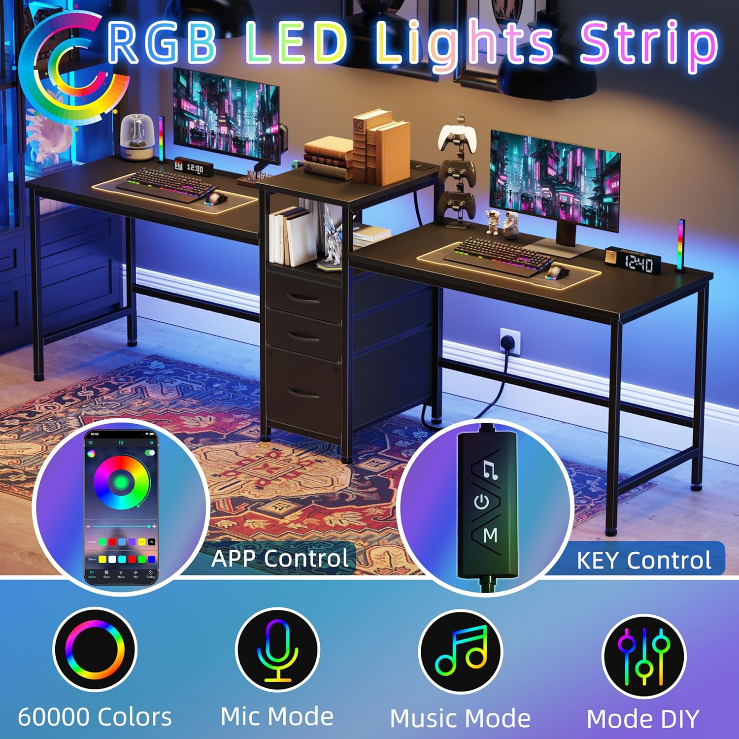 Scrivania Doppia 236cm con Stazione di Ricarica e LED - immagine 2