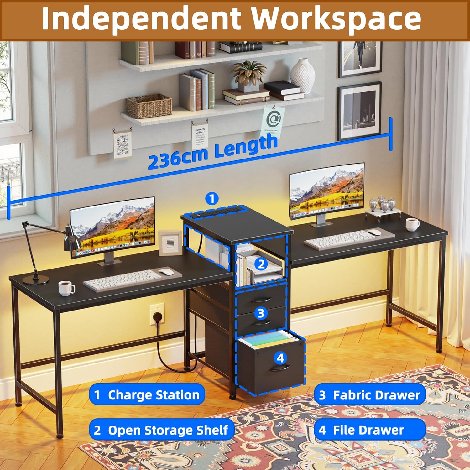 Scrivania Doppia 236cm con Stazione di Ricarica e LED - immagine 4