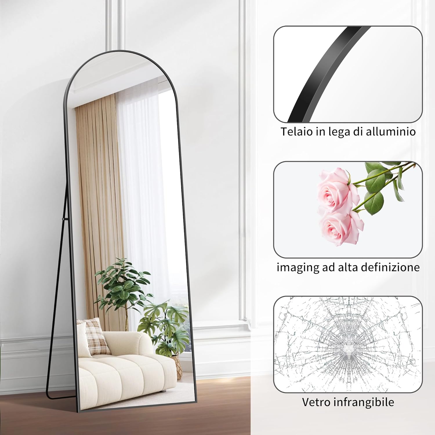 Bonewei Specchio da Terra ad Arco 161x52cm, Nero - immagine 5