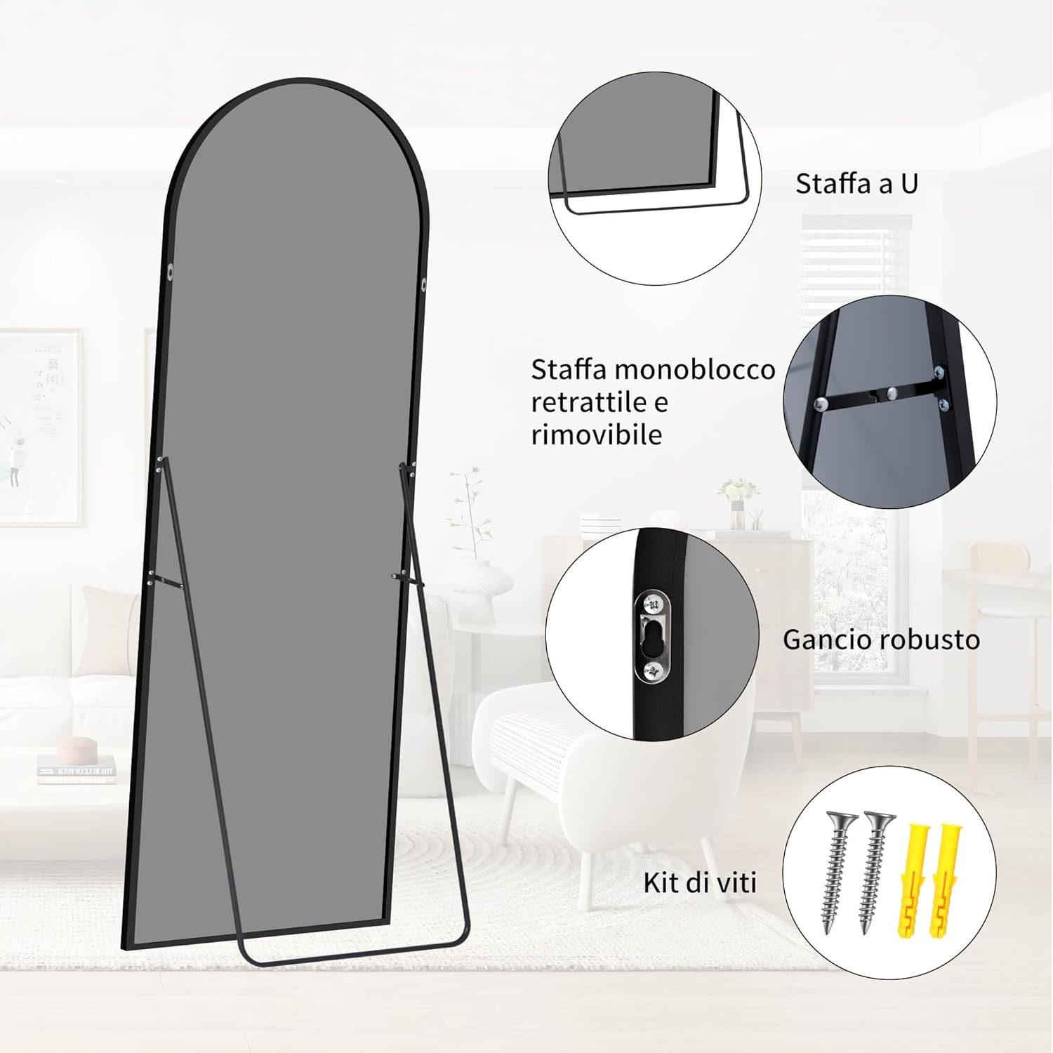 Bonewei Specchio da Terra ad Arco 161x52cm, Nero - immagine 6