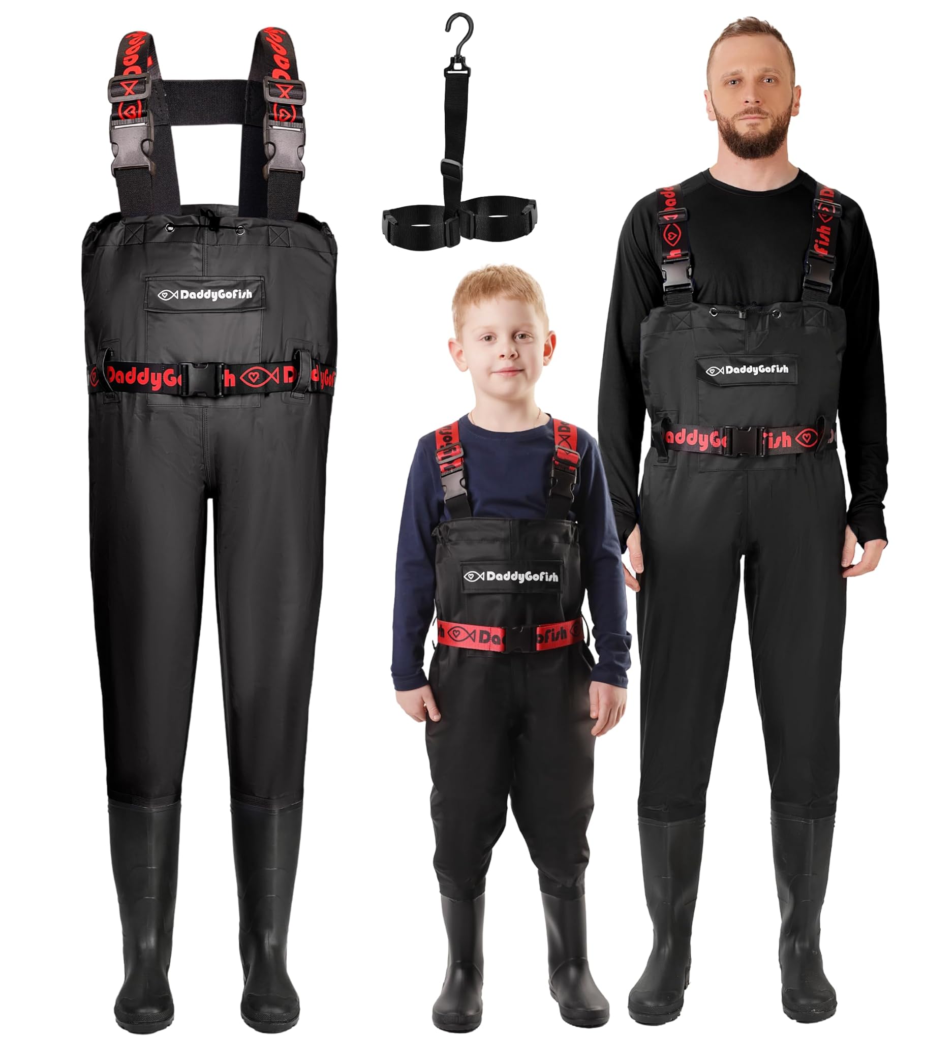 DaddyGoFish Waders bambini e adulti, trampolieri da pesca e da caccia con tasca e gancio per trampolieri
