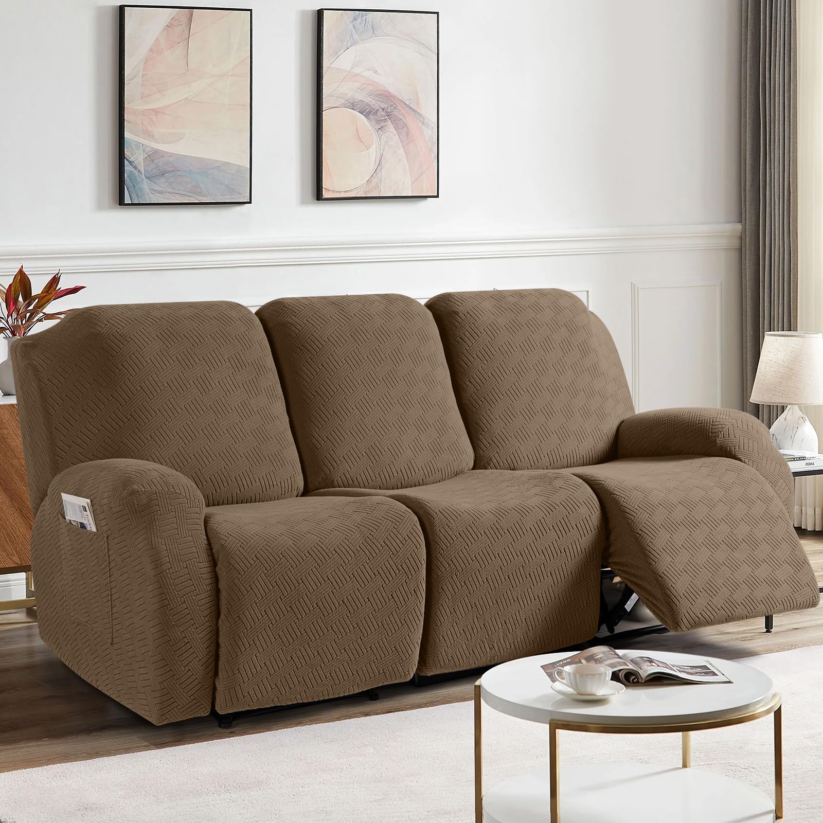 KinCam Copridivano 3 Posti Elasticizzato con Braccioli, Marrone Chiaro