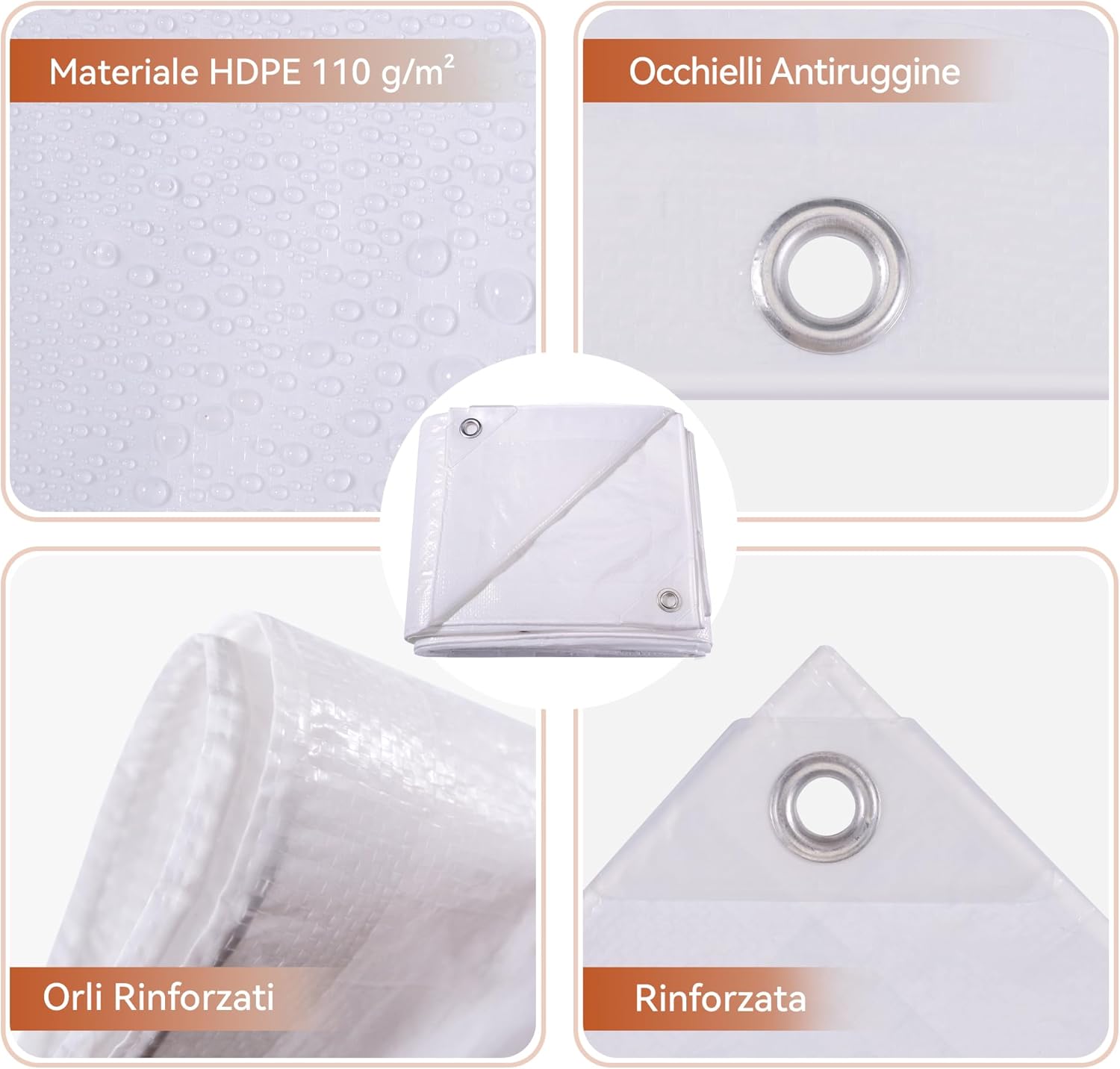 Telone Impermeabile Esterno 6x8m HDPE 110g/㎡, Bianco - immagine 3