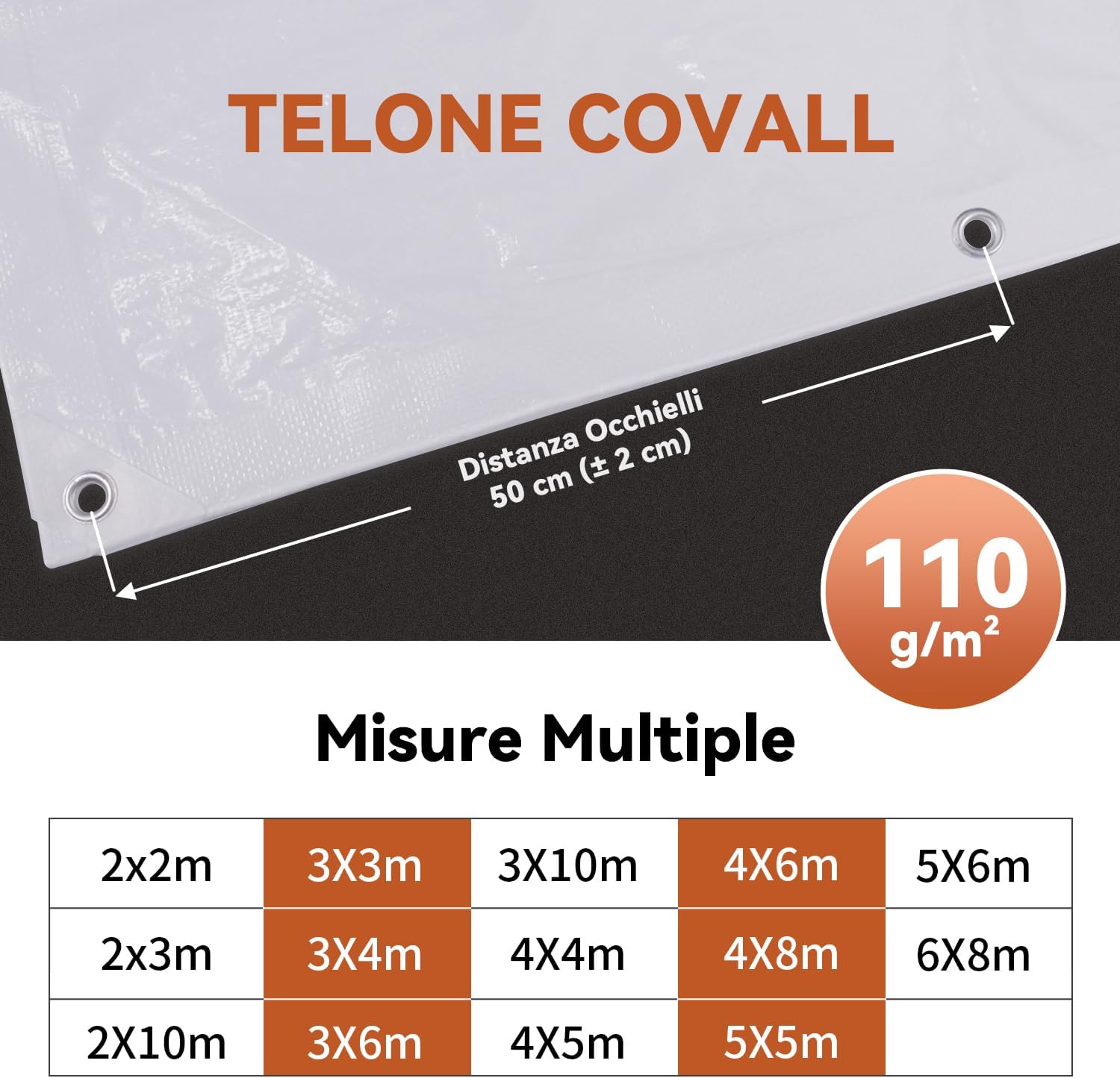 Telone Impermeabile Esterno 6x8m HDPE 110g/㎡, Bianco - immagine 5