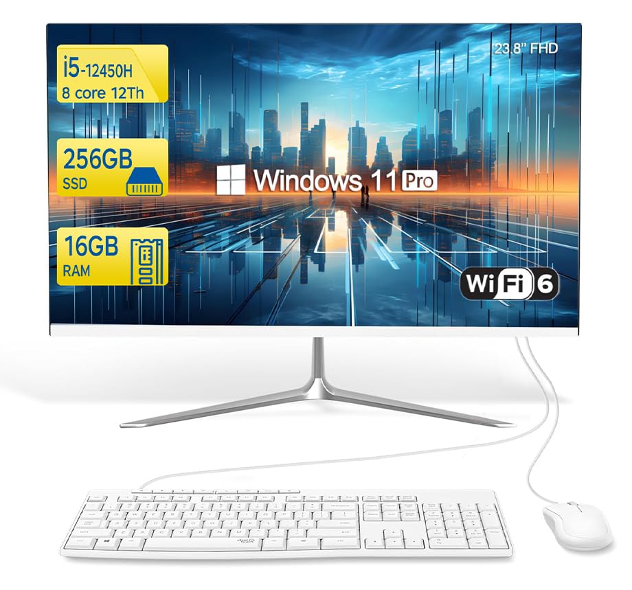 Computer desktop da 23,8" FHD All in One PC, i5-12450H, processore da 8 core, 16 GB di RAM, 256 GB SSD,WiFi,Bluetooth WiredKeyboard & Mouse – Perfect for Home & Office, Windows 11 Pro AIO PC