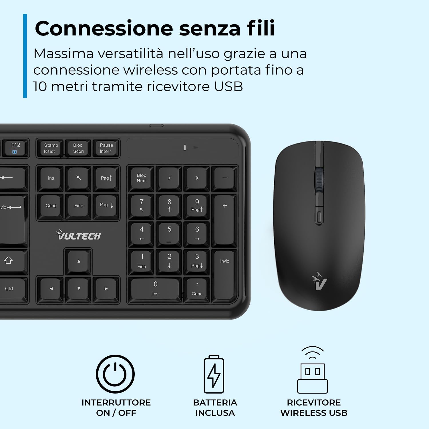 Vultech KM-811W Kit Tastiera e Mouse Wireless, Nero - immagine 11