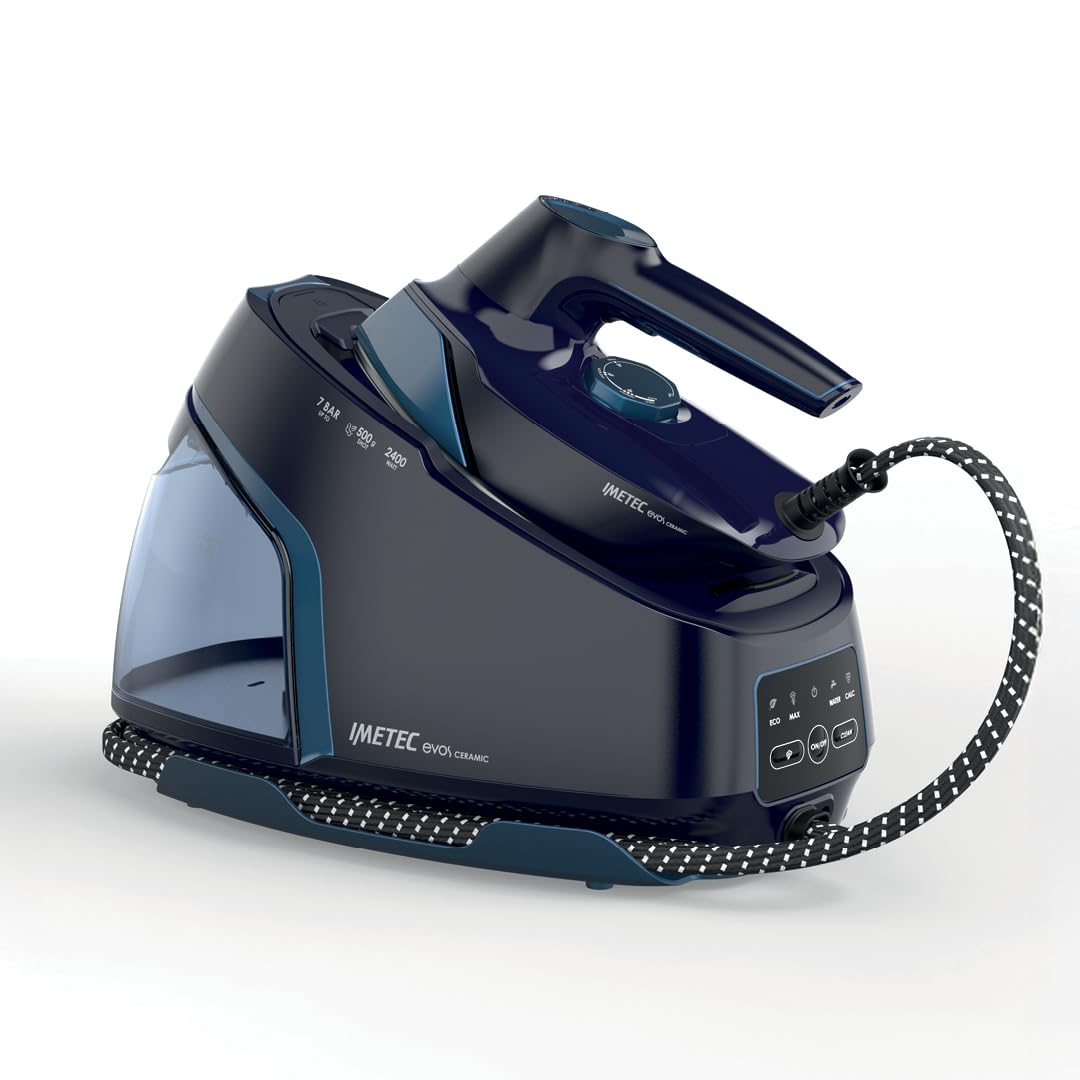 Imetec Evos Ceramic Ferro da Stiro con Caldaia, Pressione fino a 7 Bar, Tecnologia Flash Steam, Colpo Vapore 500g, Piastra Scorrevole Infinity Glide Ceramic, 2400W, Anticalcare, Ricarica continua
