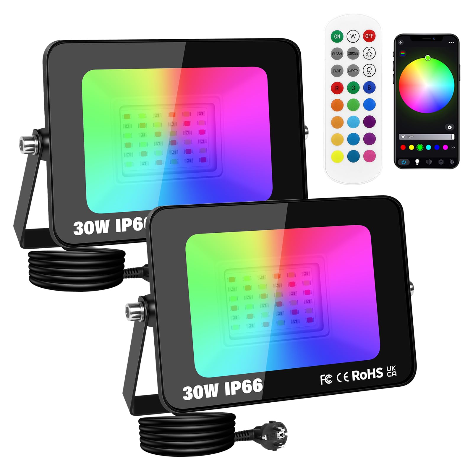 Picaa 2 Pezzi 30W RGB Faretto LED Esterno 3000LM