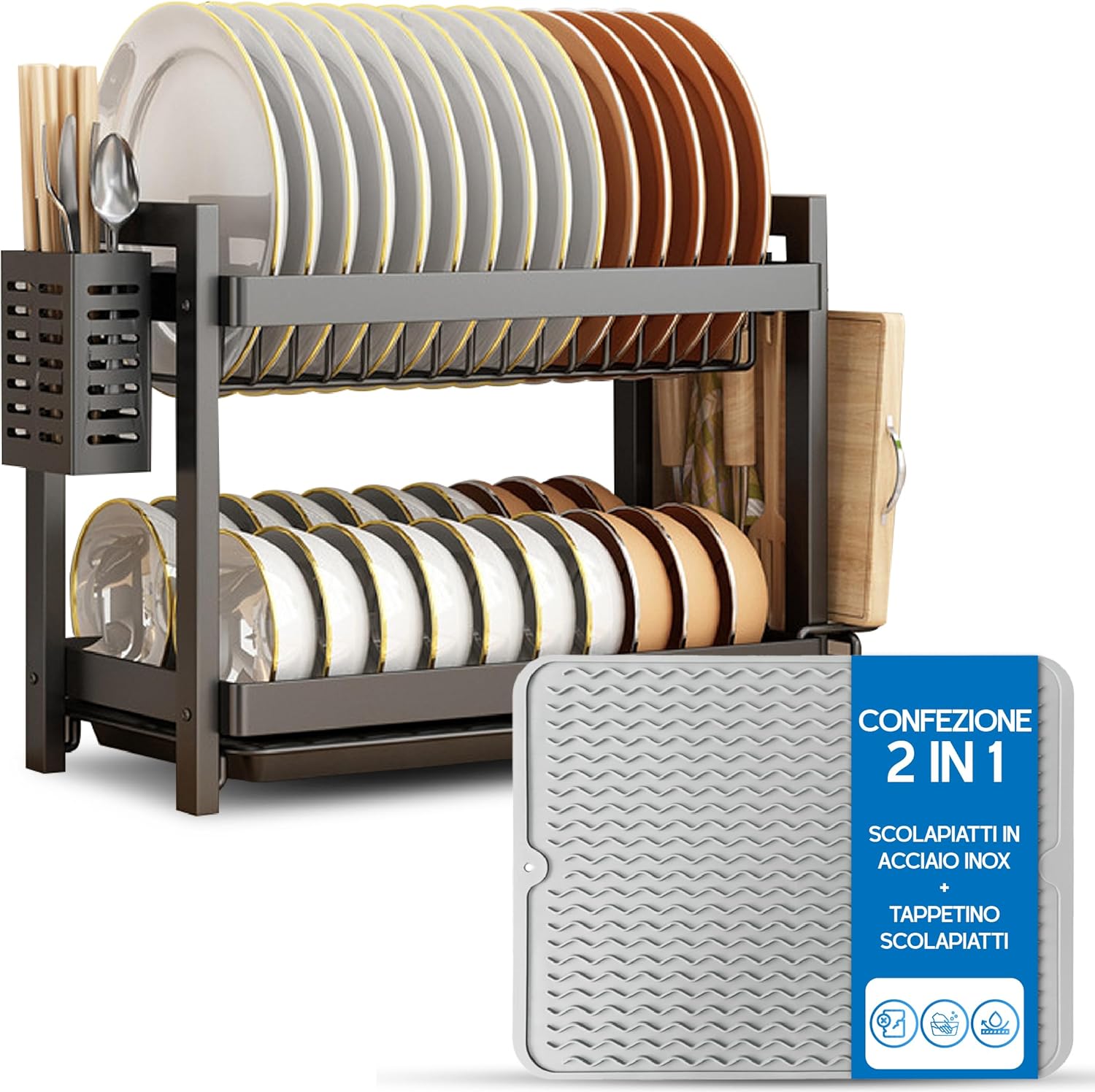 Scolapiatti da Appoggio a 2 Livelli con Tappetino - immagine 1