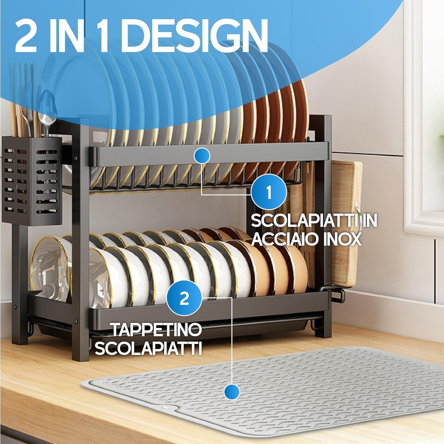 Scolapiatti da Appoggio a 2 Livelli con Tappetino - immagine 2