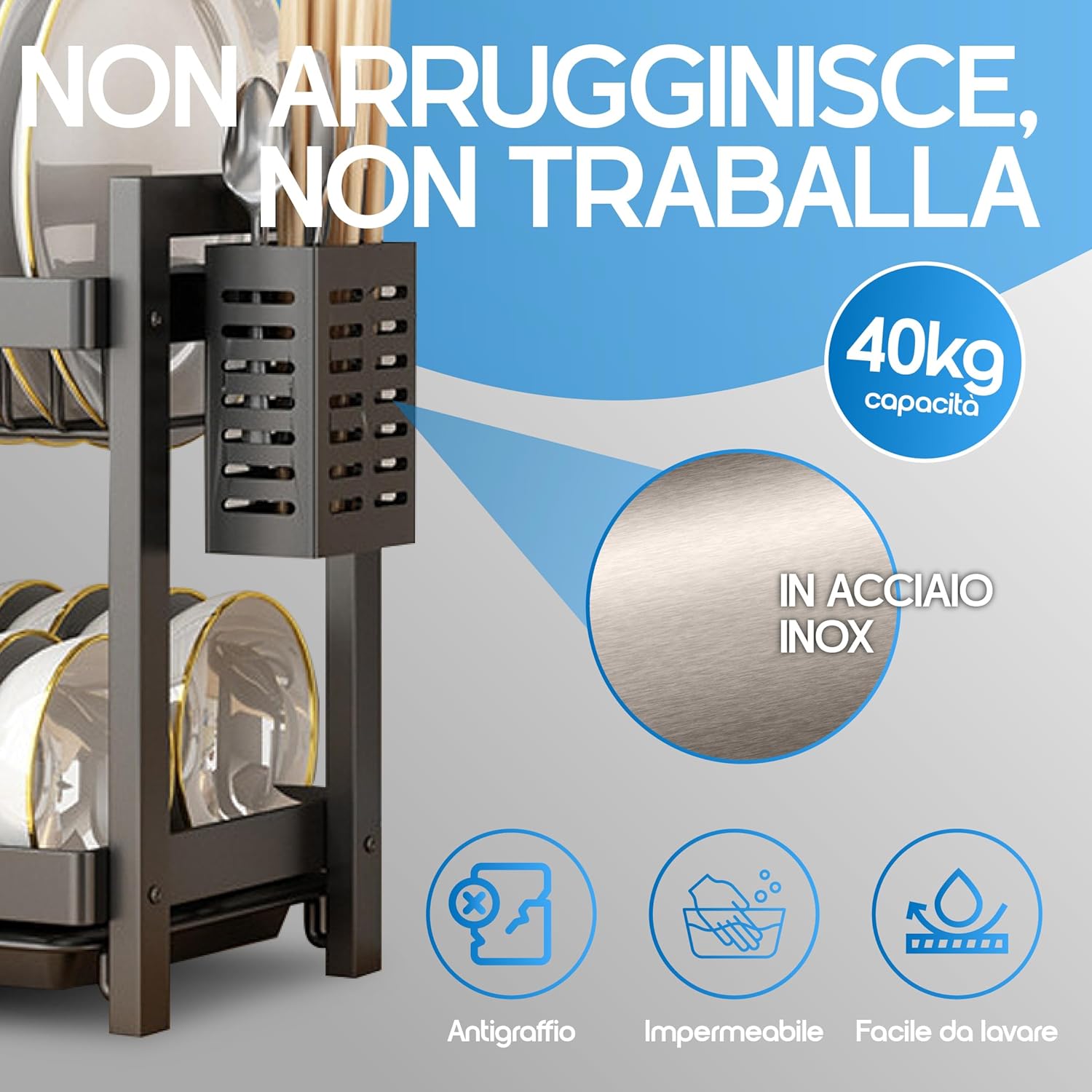 Scolapiatti da Appoggio a 2 Livelli con Tappetino - immagine 3