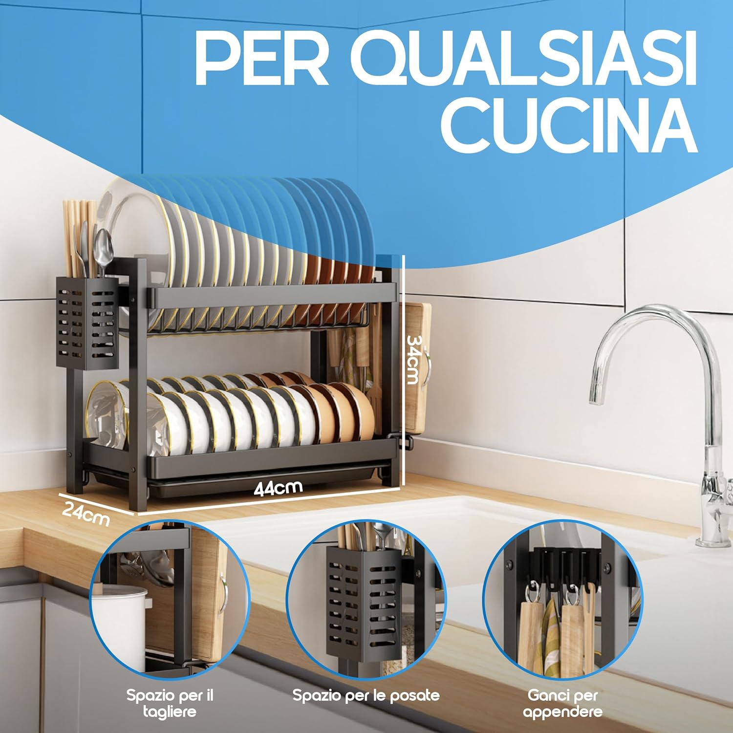 Scolapiatti da Appoggio a 2 Livelli con Tappetino - immagine 5