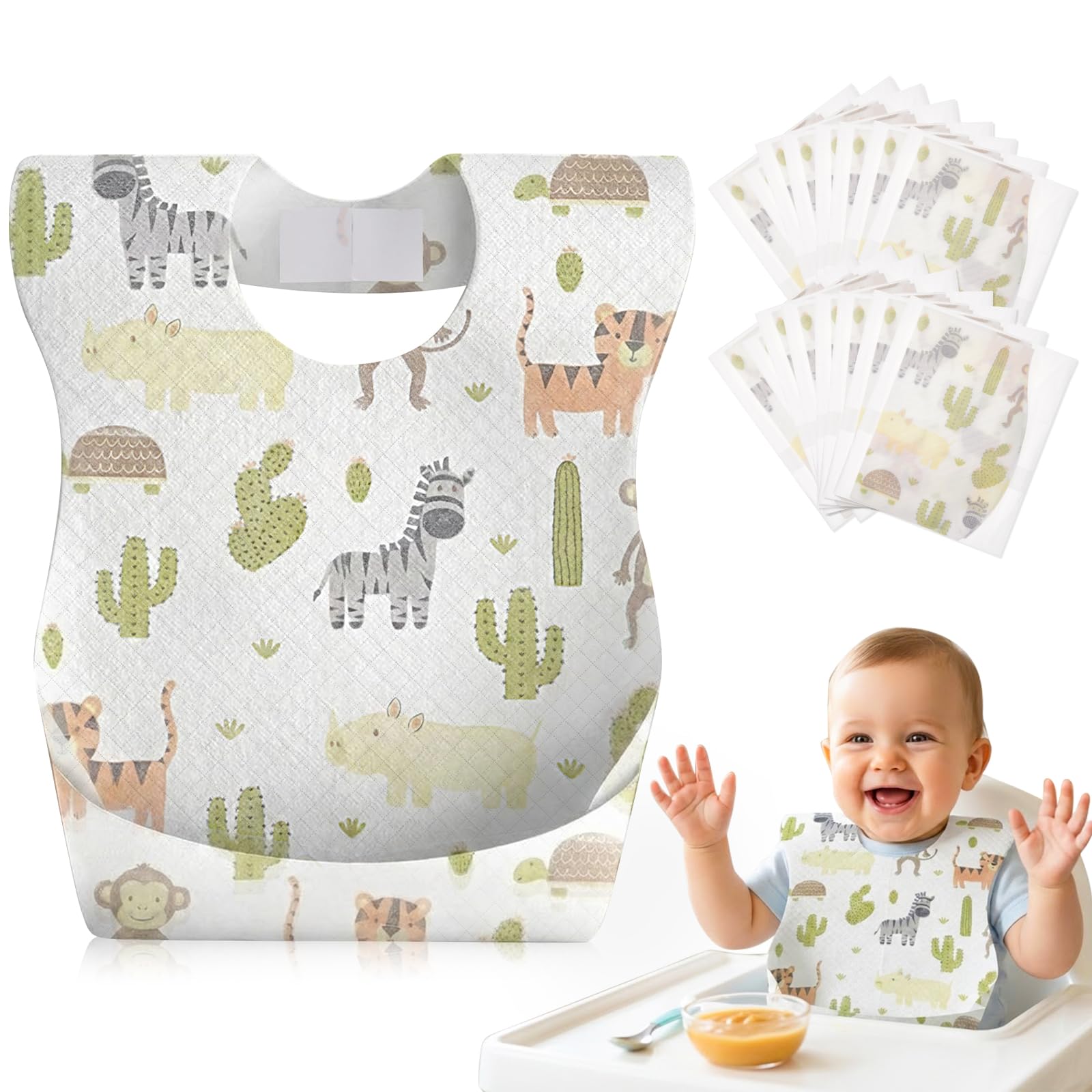 Lictin Baberos Desechables Bebe-20pcs baberos bebe impermeables,envuelto Individualmente,Suaves, portátiles y ajustables,con diseños de animales,aptos para uso en interiores y exteriores(0-5años)