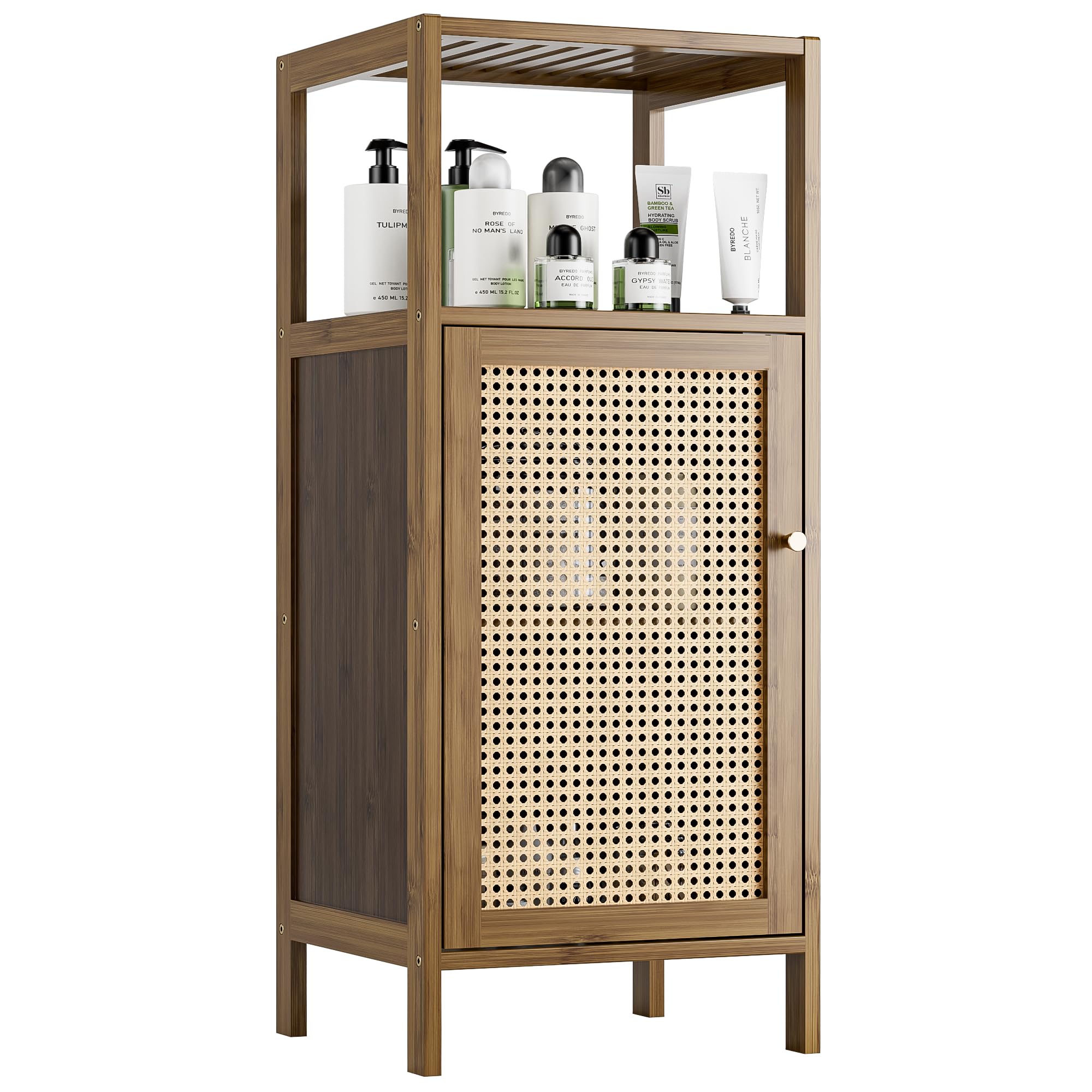 Armadietto da Pavimento in Bambù con Ante in Rattan, Noce