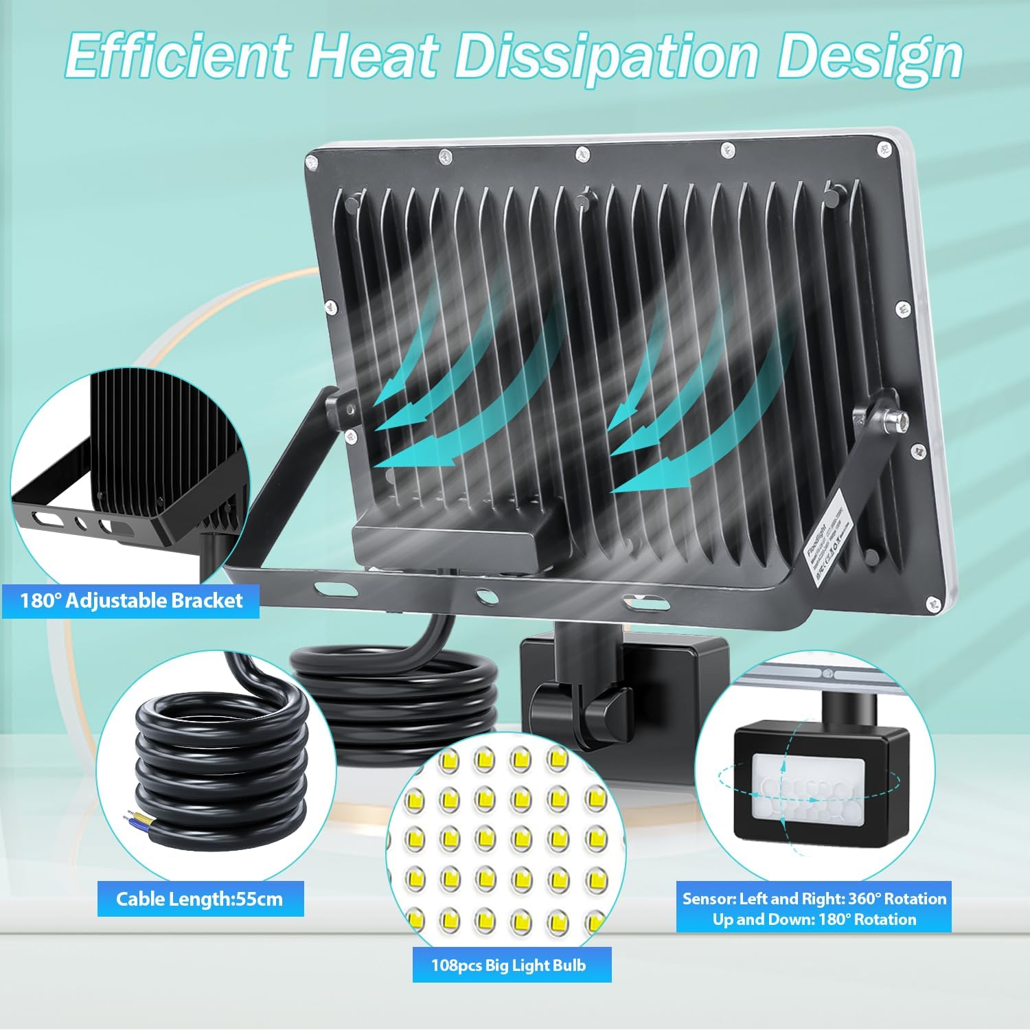 Yiqibro Faro LED Esterno con Sensore Movimento 100W 2 Pezzi - immagine 5