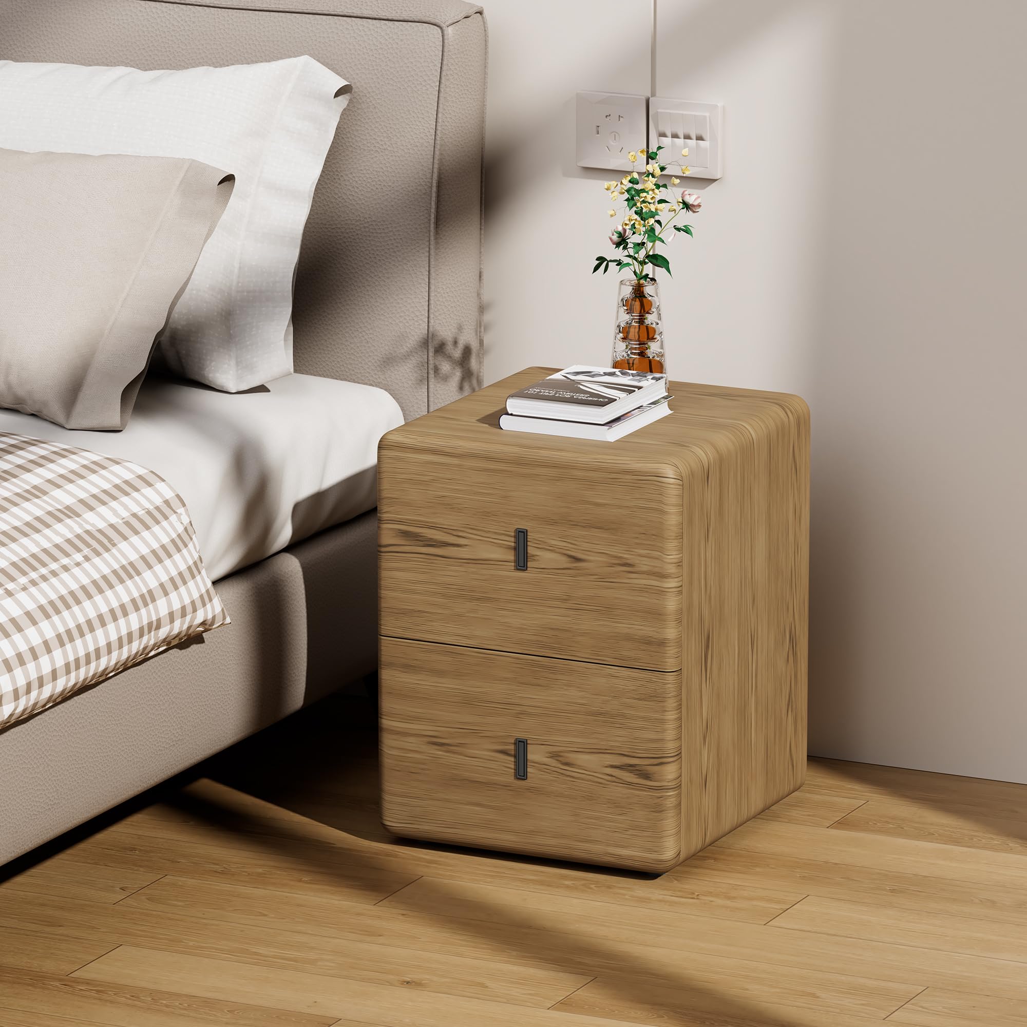 Comodino stretto con cassetti, comodino in pelle, cassetto in legno massello, tavolino piccolo per camera da letto (Pelle Rovere Giallo, 40 x 40 x 50 cm)