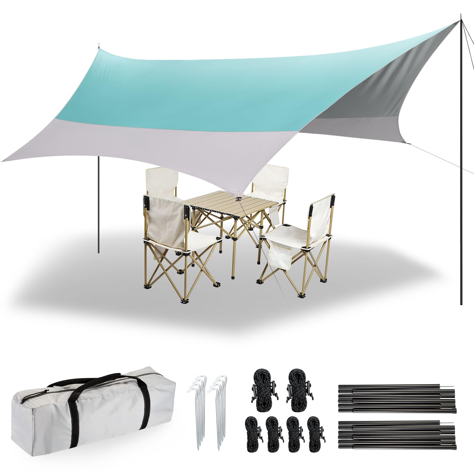 Forceatt 3.7 x 4.3m Tenda Parasole da Campeggio Tarp con 2 Pali, Tenda da Sole Telone Anti-UV(UPF50+) Impermeabile Può Essere Utilizzato con Auto,Tenda e Amaca per Escursioni, Giardino e Viaggi