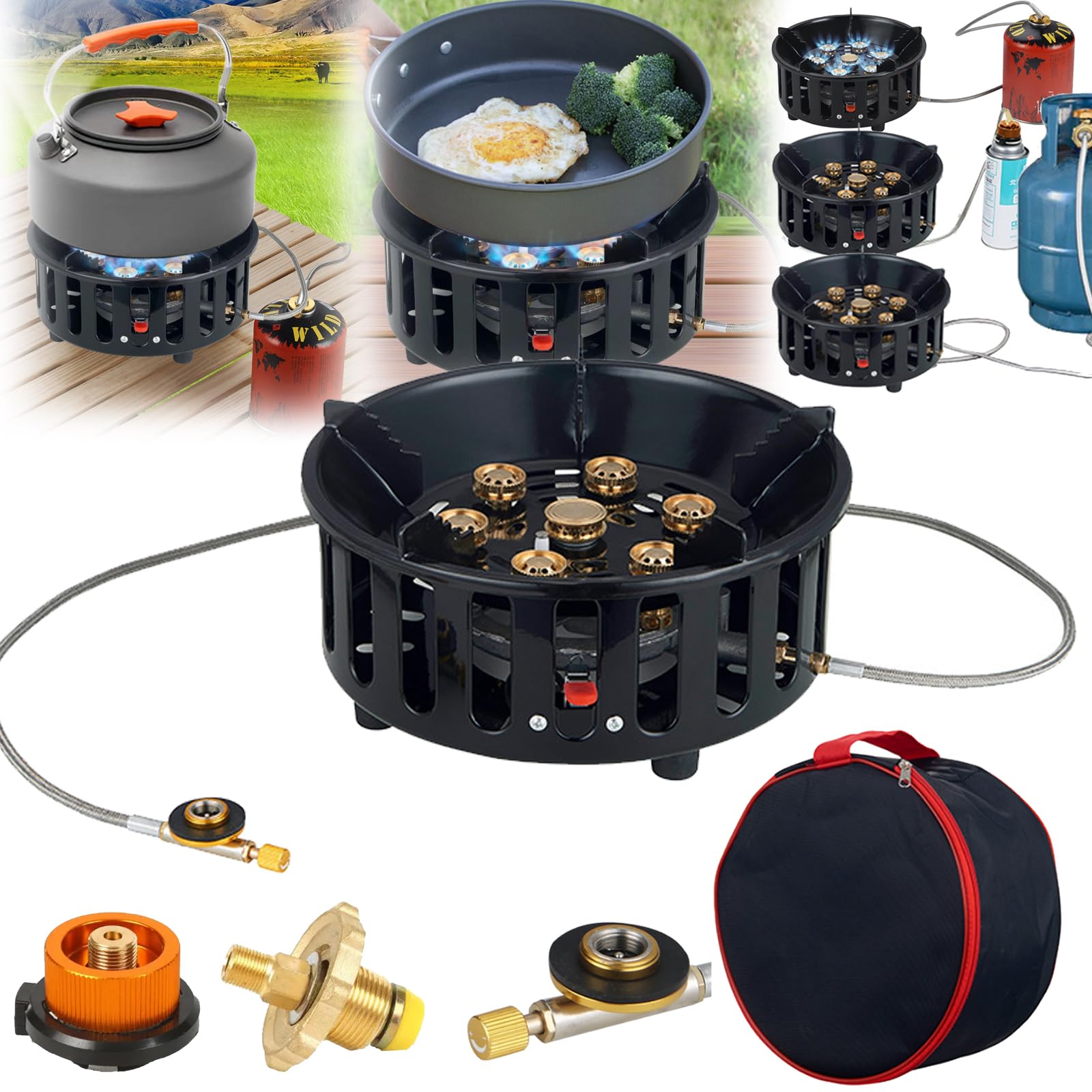 Fornello Campeggio a Gas 16800W con 3 Adattatori