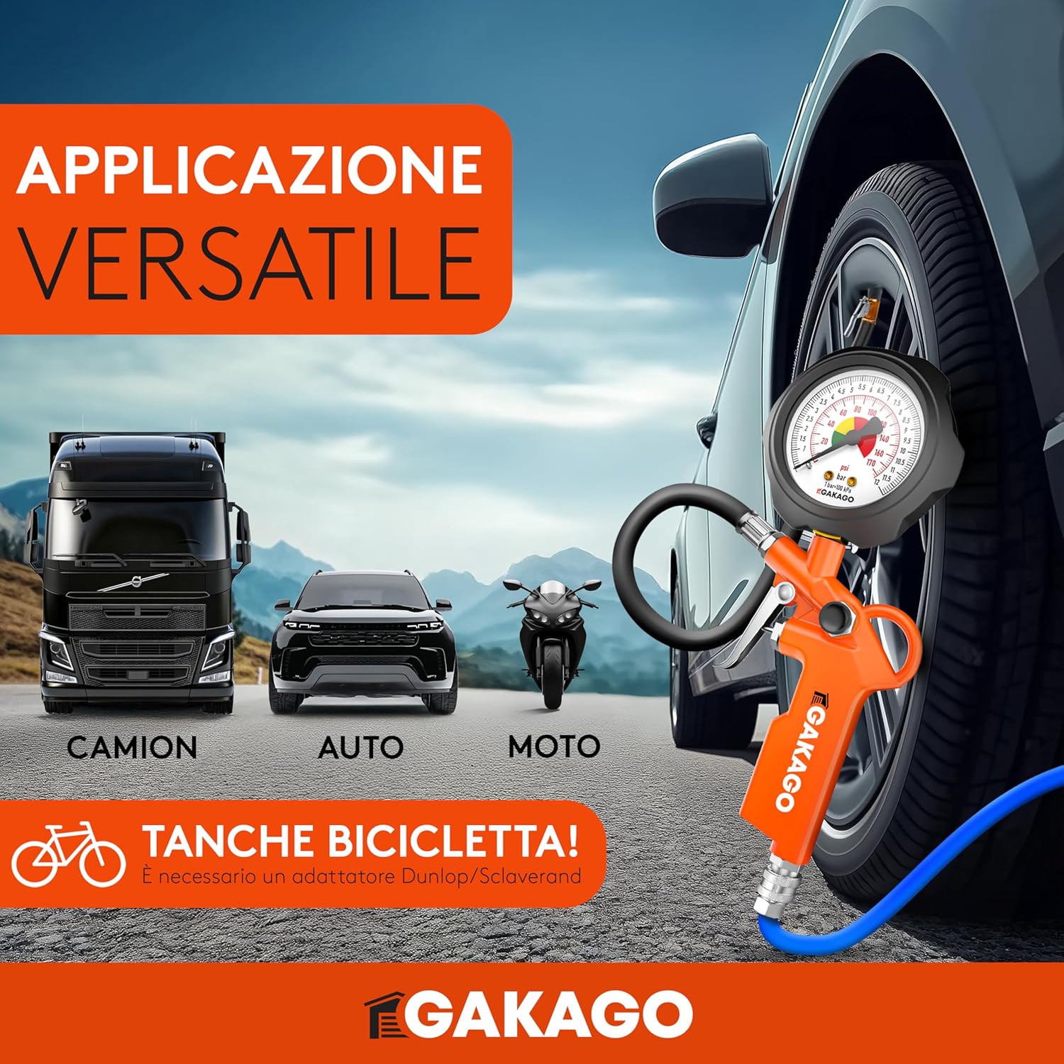 Gakago Gonfiatore Pneumatici con Manometro 0-12 bar - immagine 5