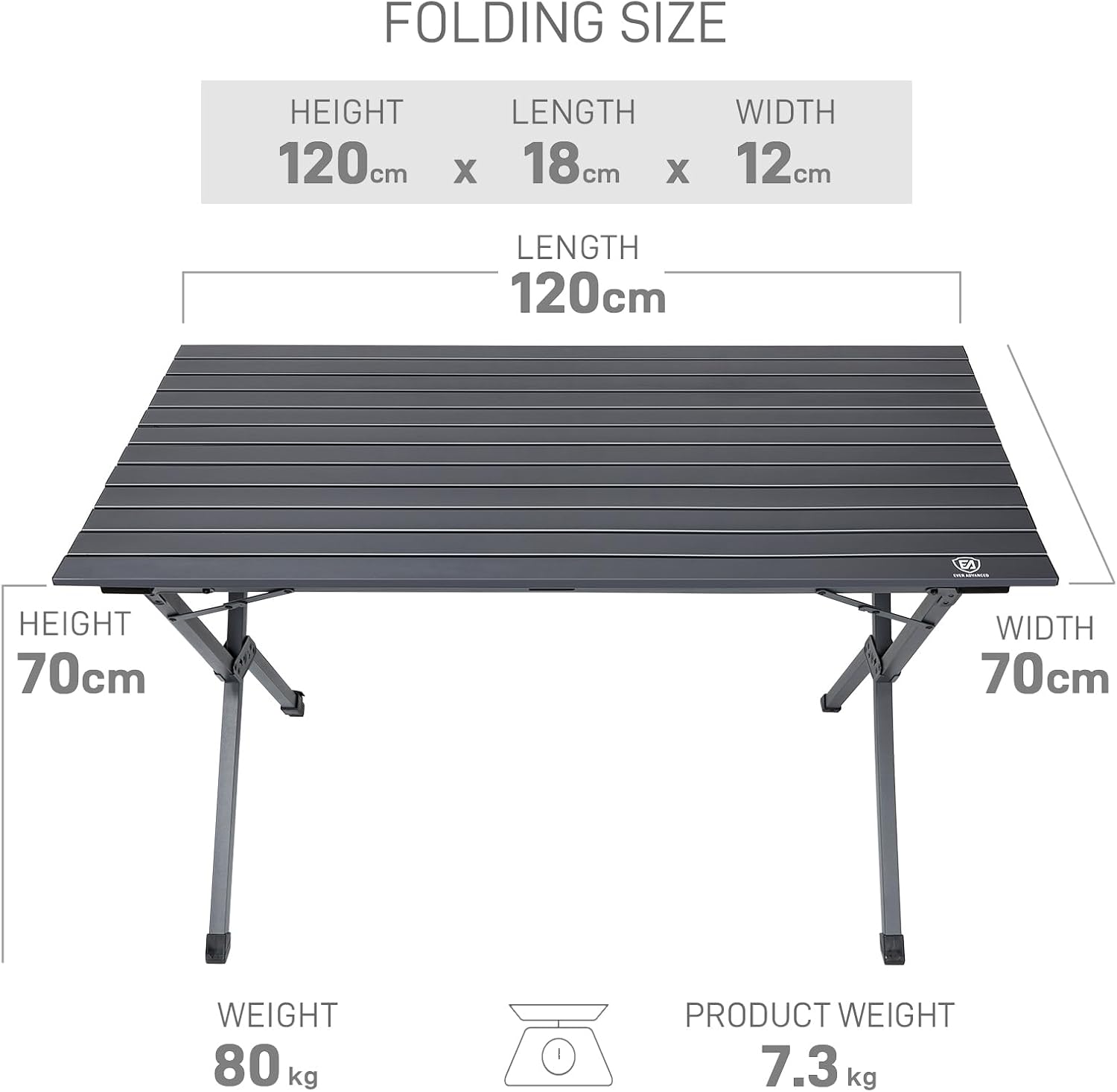 Ever Advanced Tavolo da Campeggio Pieghevole 120x70cm, Grigio - immagine 3