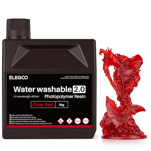 ELEGOO Resina Lavabile ad Acqua per Stampanti 3D 2.0 Aggiornata, Resina 3D per Cura UV 405nm con Minore Restringimento e Maggiore Precisione per Stampa 3D LCD,Rosso trasparente 2000G