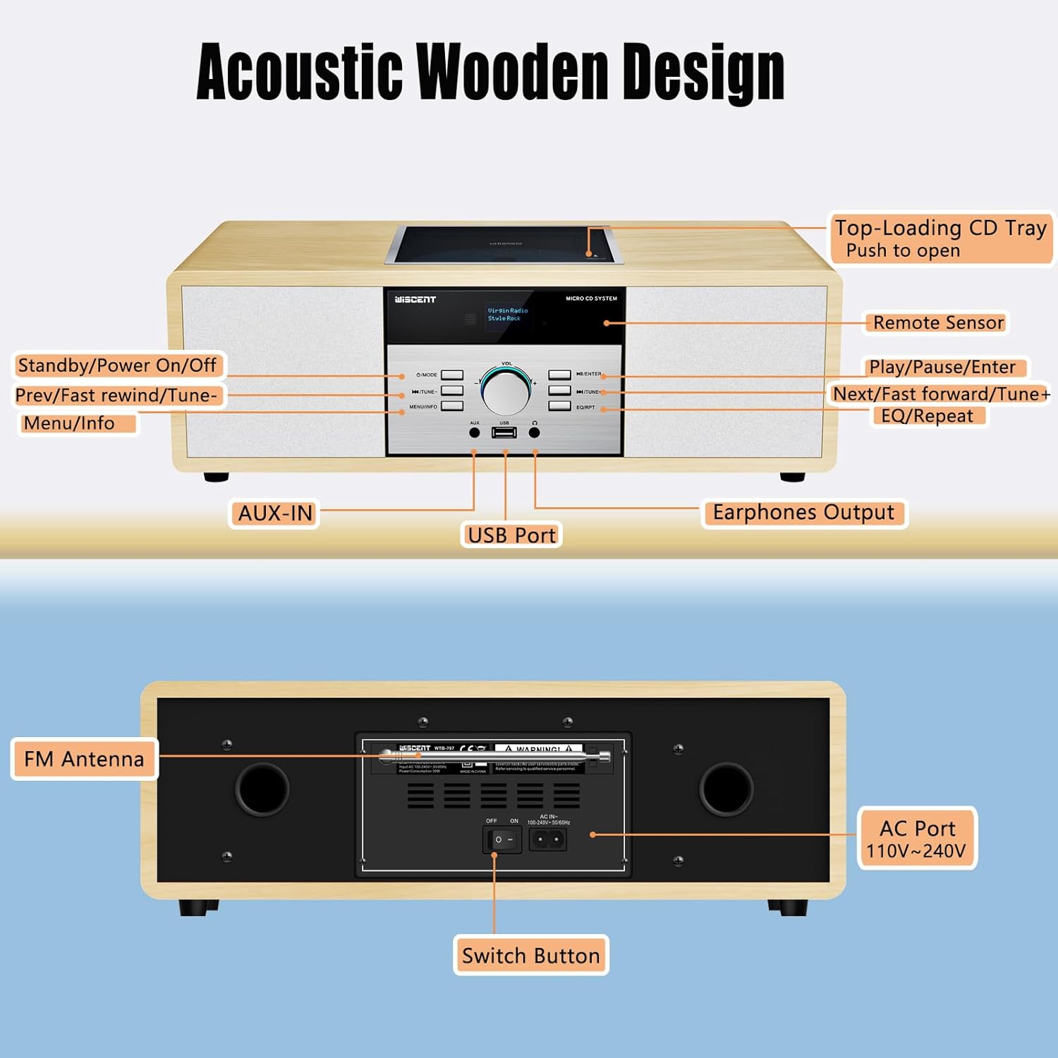 Impianto Stereo Casa Hi-Fi con Radio DAB+ e CD, Legno - immagine 7