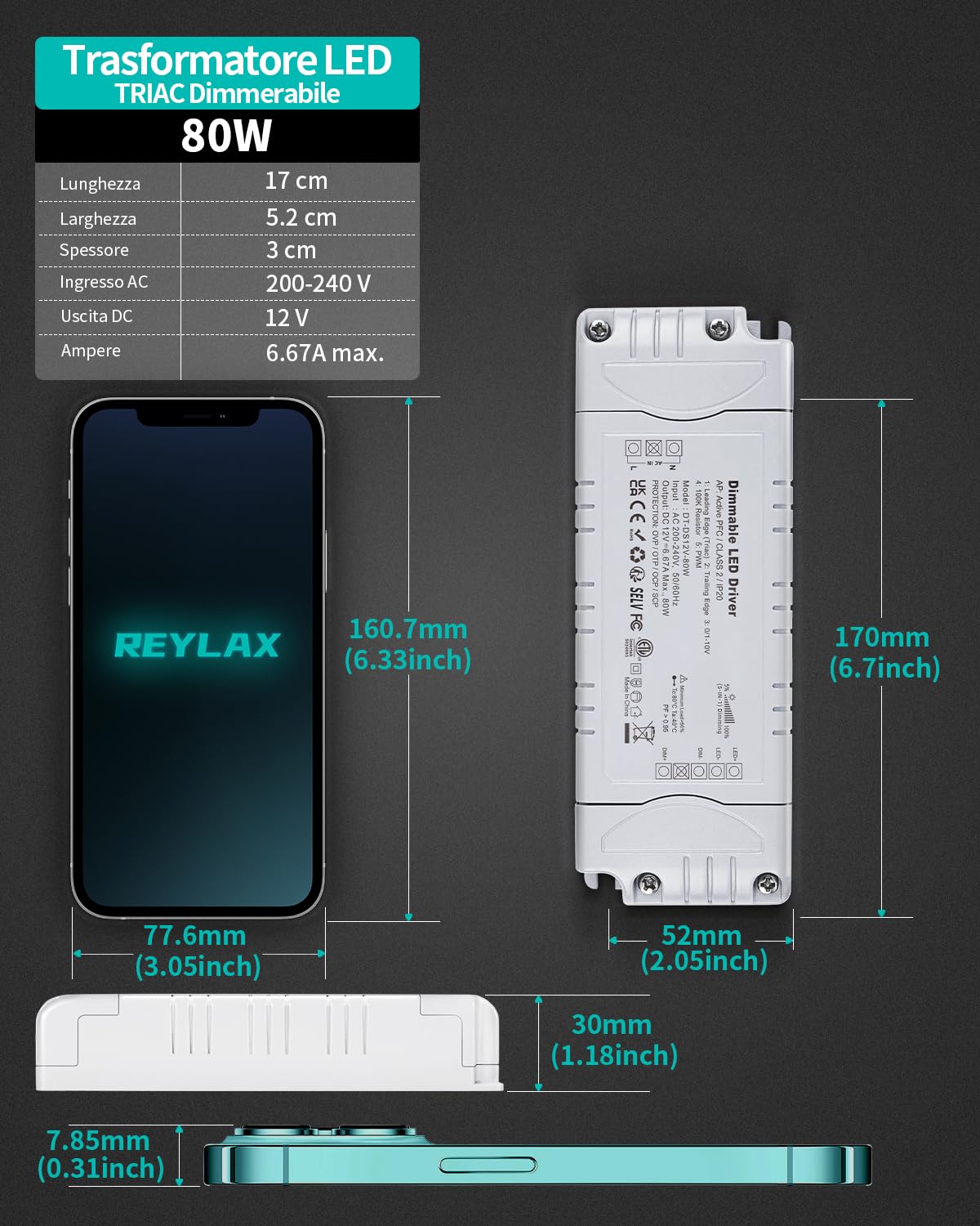 Reylax Trasformatore LED 12V 80W Dimmerabile - immagine 4