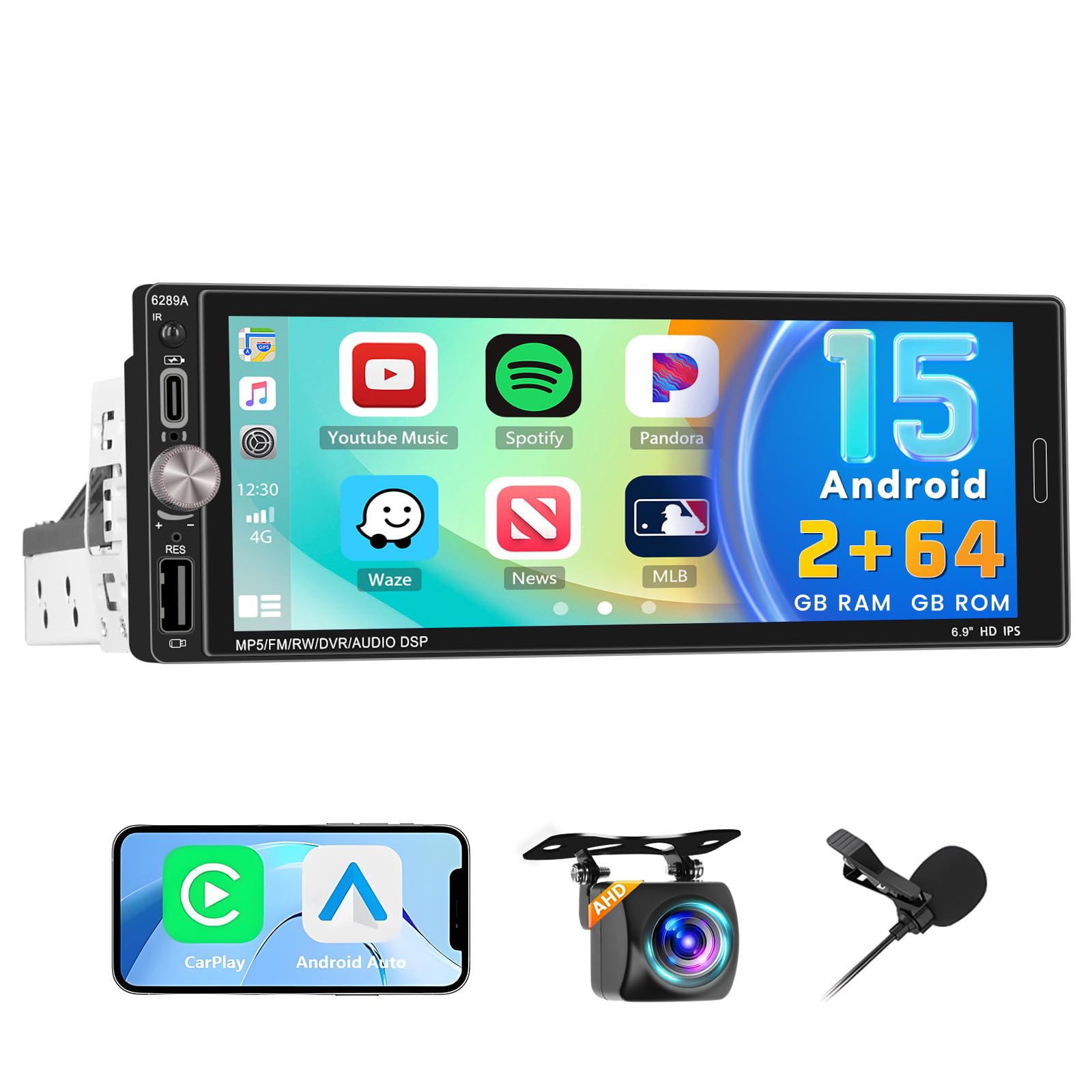 Android Autoradio 1 Din 6.9" con Wireless Carplay