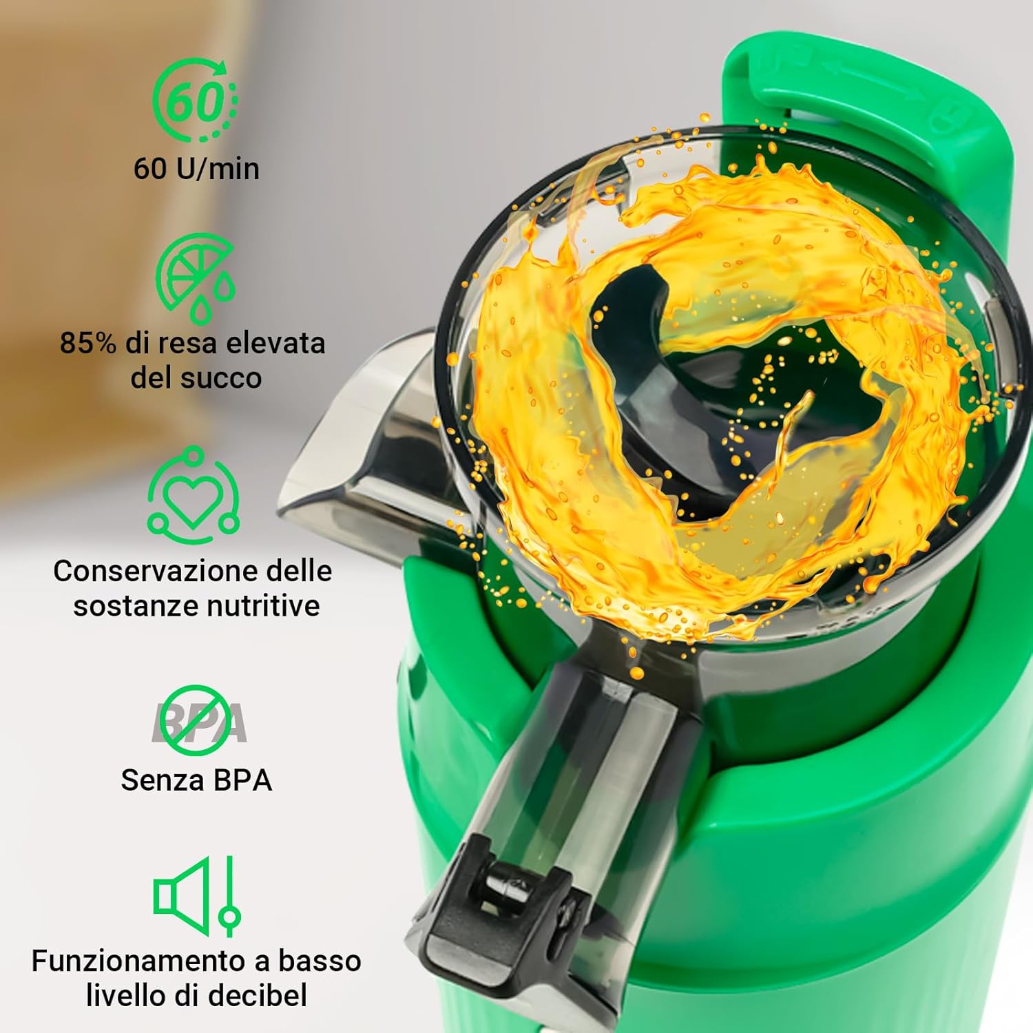 Ventray Ginnie - Estrattore Frutta e Verdura Slow Juicer, Verde - immagine 3