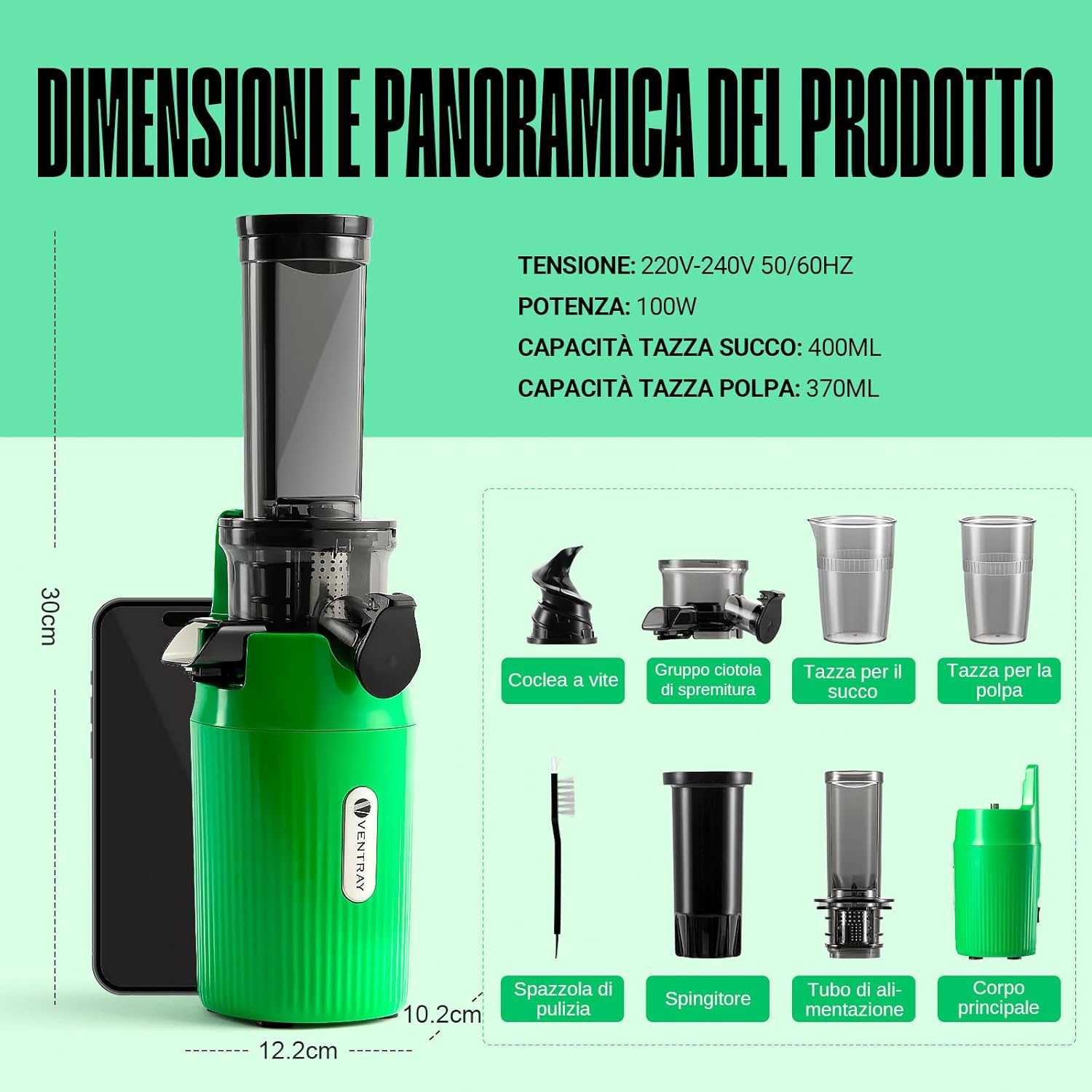 Ventray Ginnie - Estrattore Frutta e Verdura Slow Juicer, Verde - immagine 8