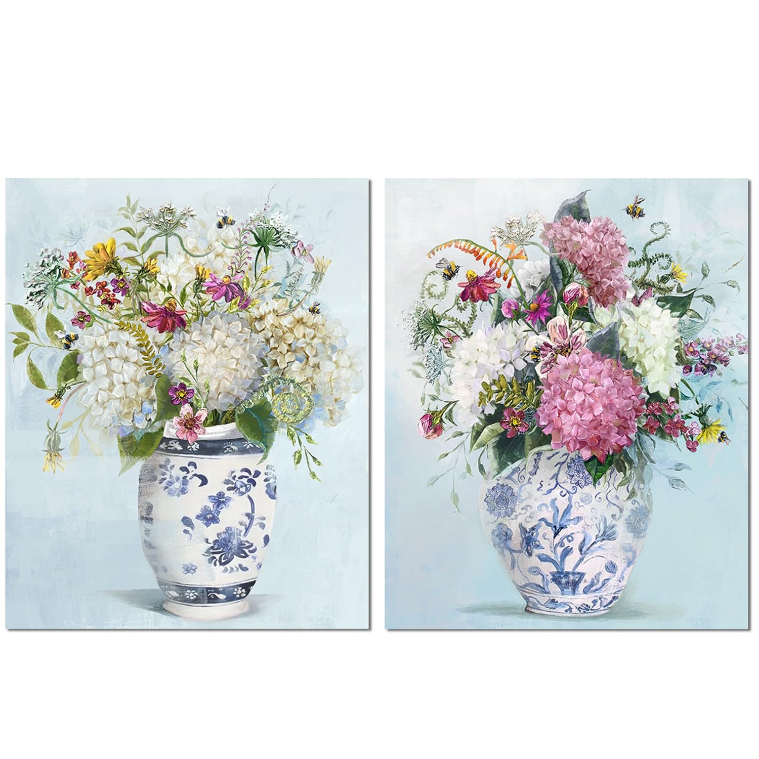 DRW Set 2 Quadri su Tela con Fiori, Bianco/Rosa/Blu