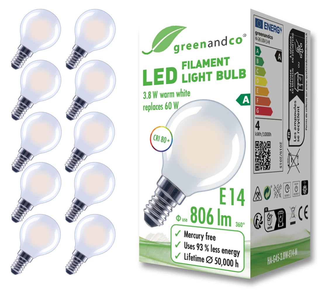 Greenandco 10 Lampadine LED Filamento E14 G45 3,8W