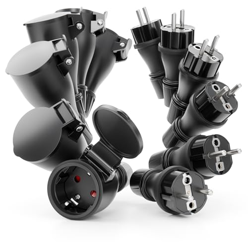 greate Set 6x spina tedesca maschio + 6x presa tedesca femmina impermeabile IP54 - spine schuko e presa 16A femmina 230V con protezione piega & scarico trazione - spina shuko 2 poli & 3,7kW
