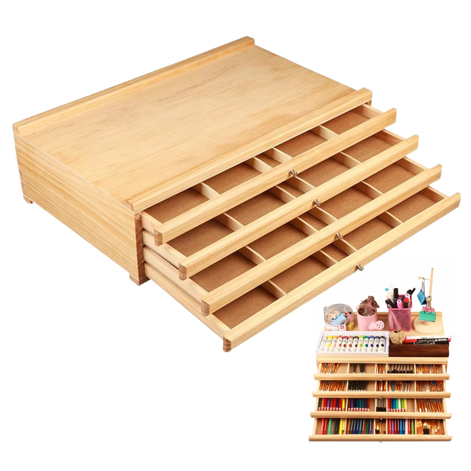 Scatola Porta Pennelli in Legno con 4 Cassetti