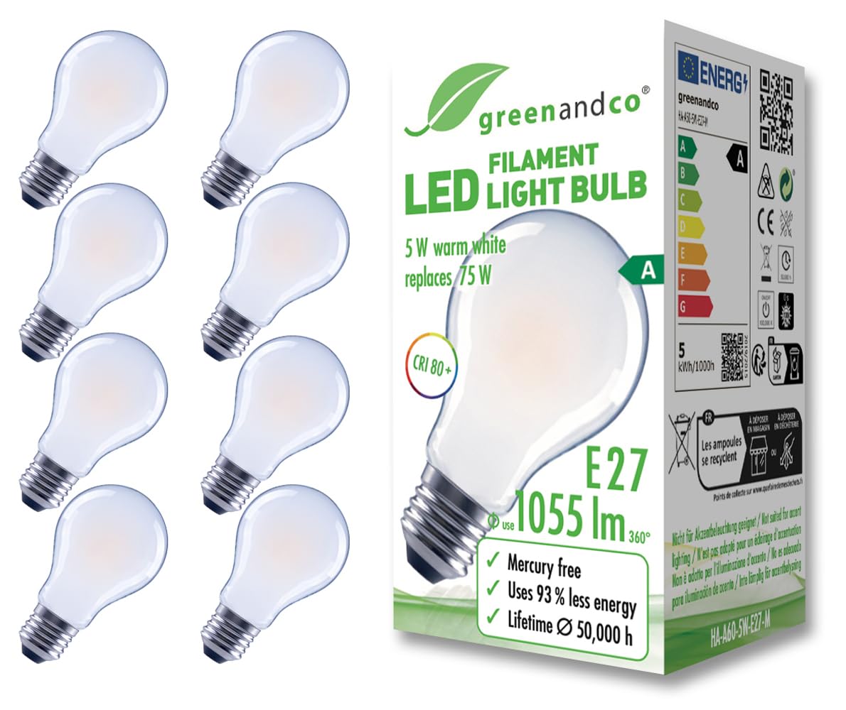 Greenandco 8 Lampadine Filamento LED Smerigliate E27 A60