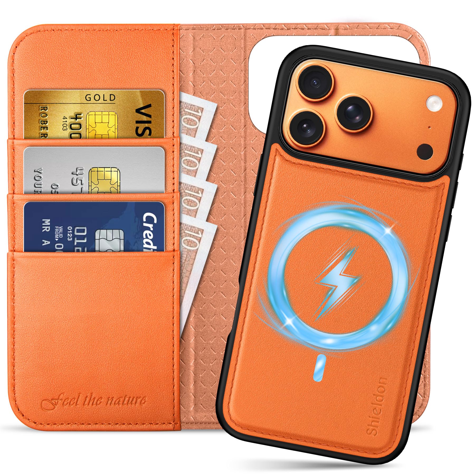 Shieldon Custodia 2 in 1 Vera Pelle per iPhone 17 Pro Max, Arancio